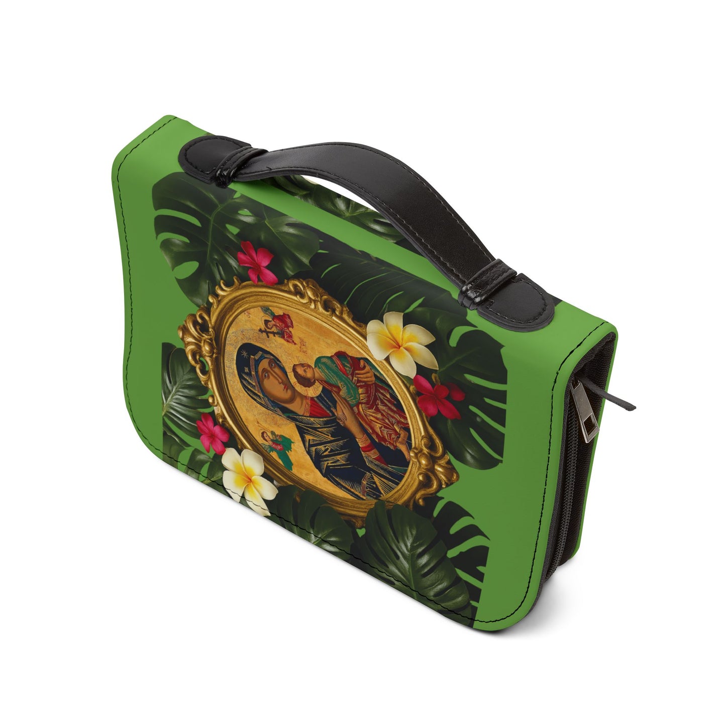 Tropical Bible Cover, Our Lady of Perpetual Help, Green / Floral Bible Protector, Christian Church Accessories