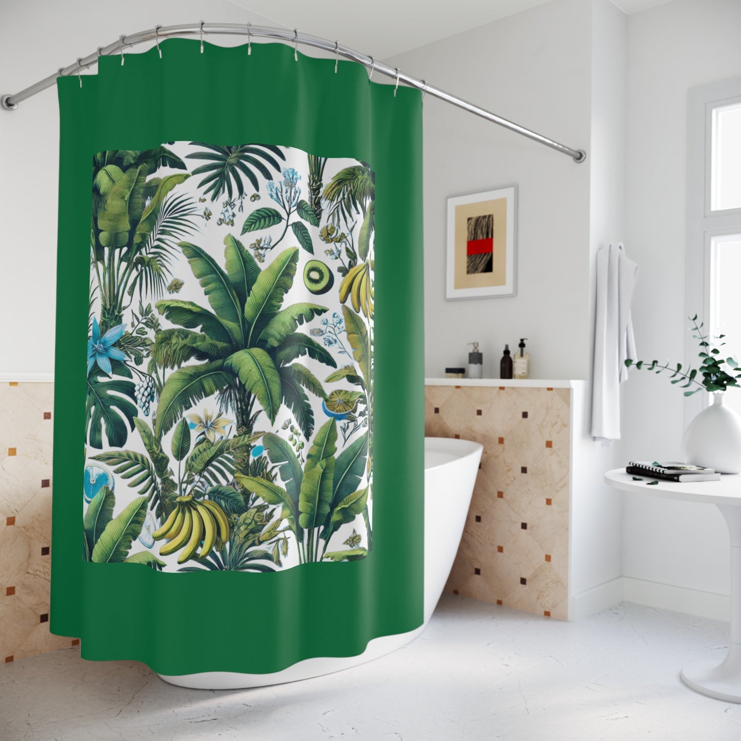 Palm Tree Shower Curtain - Ocean Bathroom Decor / Tropical Fruit/White, Dark Green