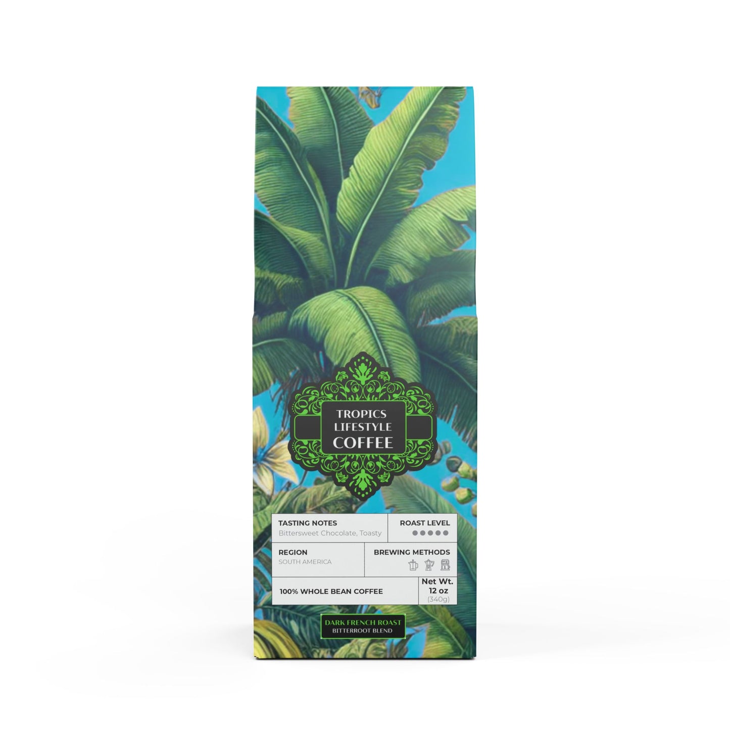 Black Coral Blend™ (Dark French Roast) Specialty Grade Craft Coffee / More Tropical Fruit, Aqua Blue