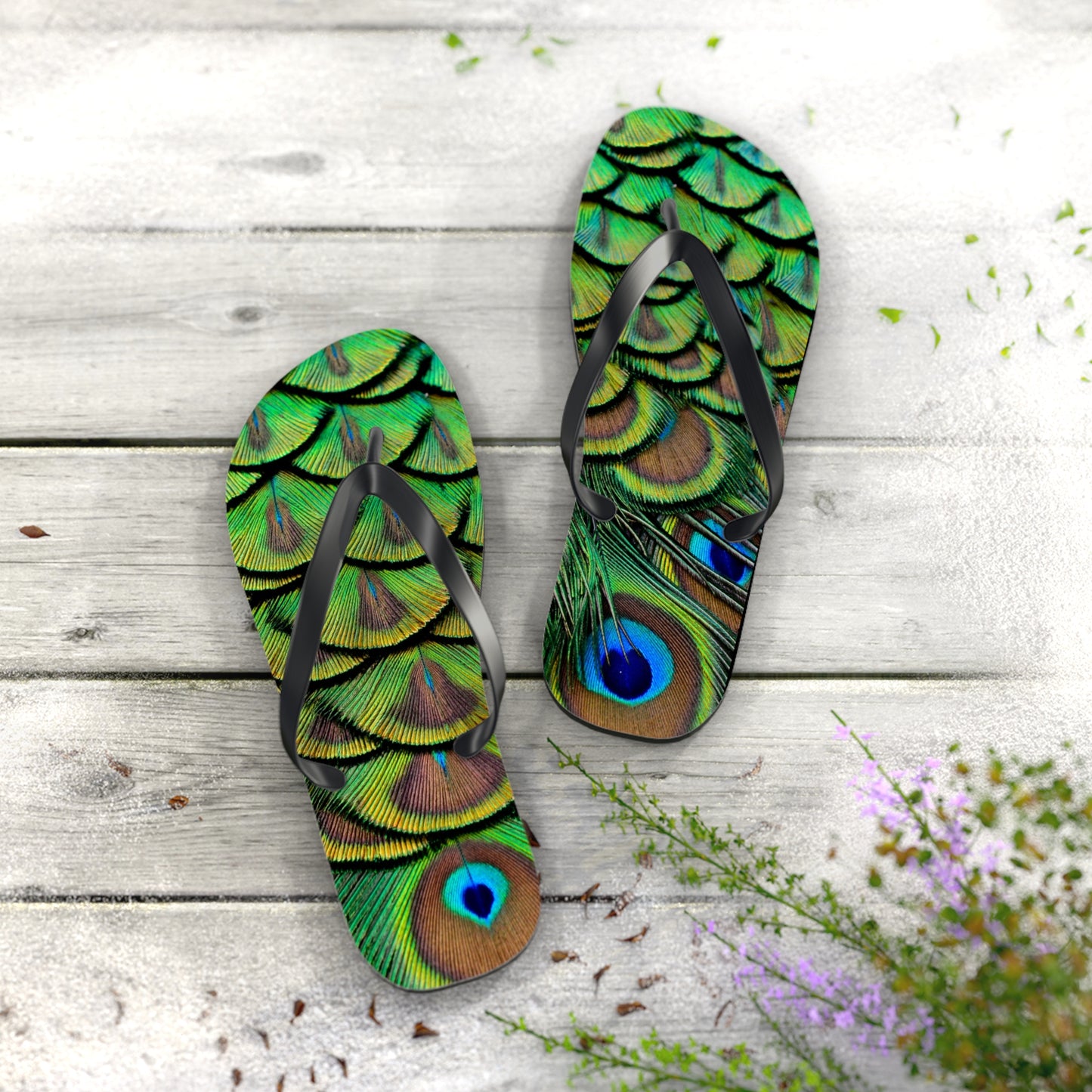 Flip Flops - Brilliant Green Peacock Feathers