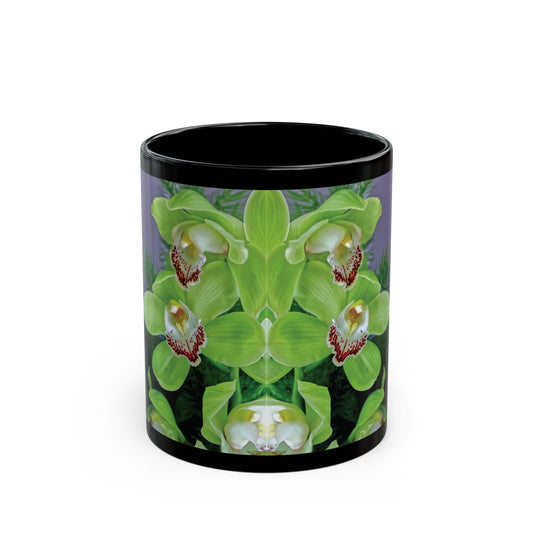 Black Coffee Mug - Kaleido Green Orchids