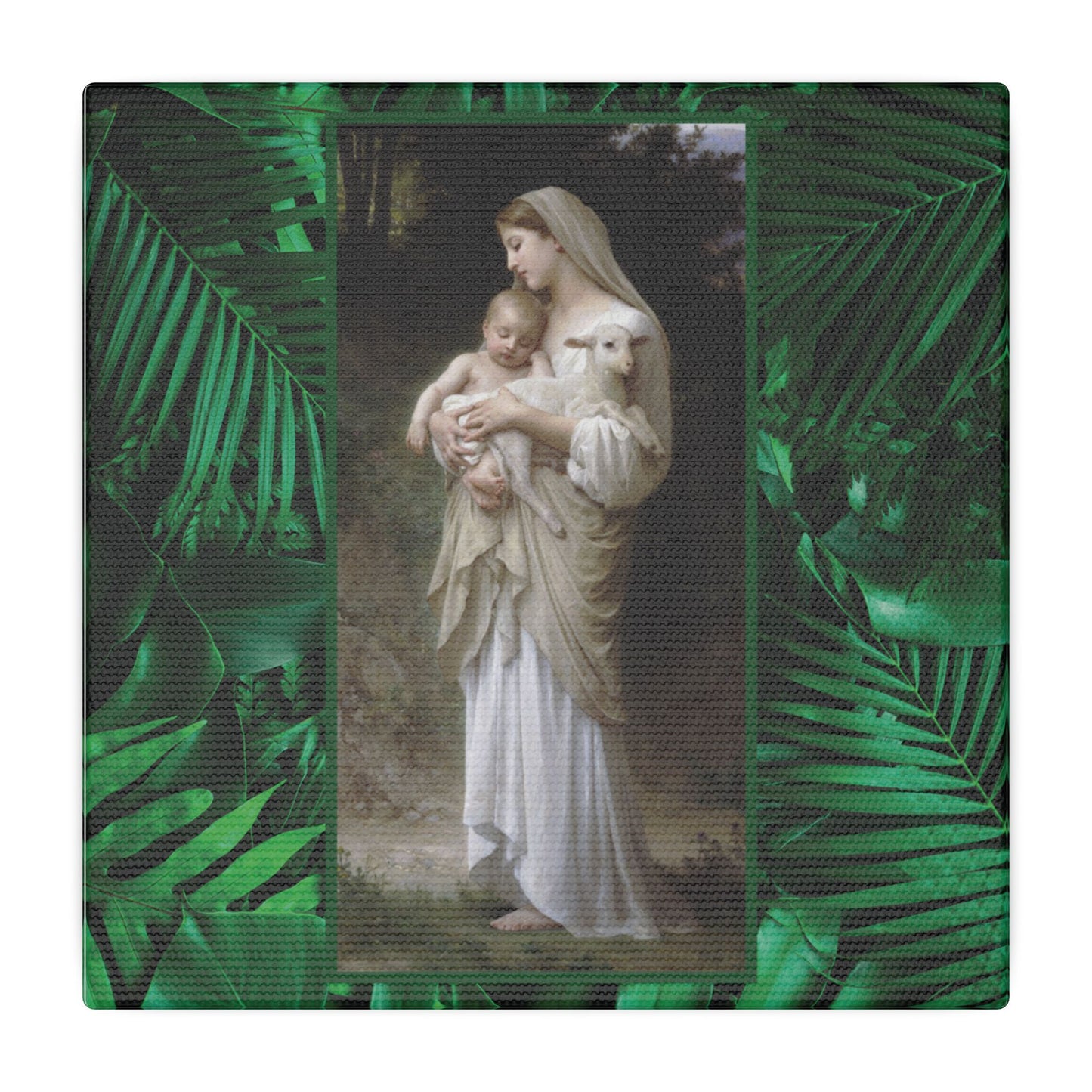 "Tropical Rainforest Innocence" Religious Canvas Artwork - Stretched Canvas Print / Virgin Mary & Jesus