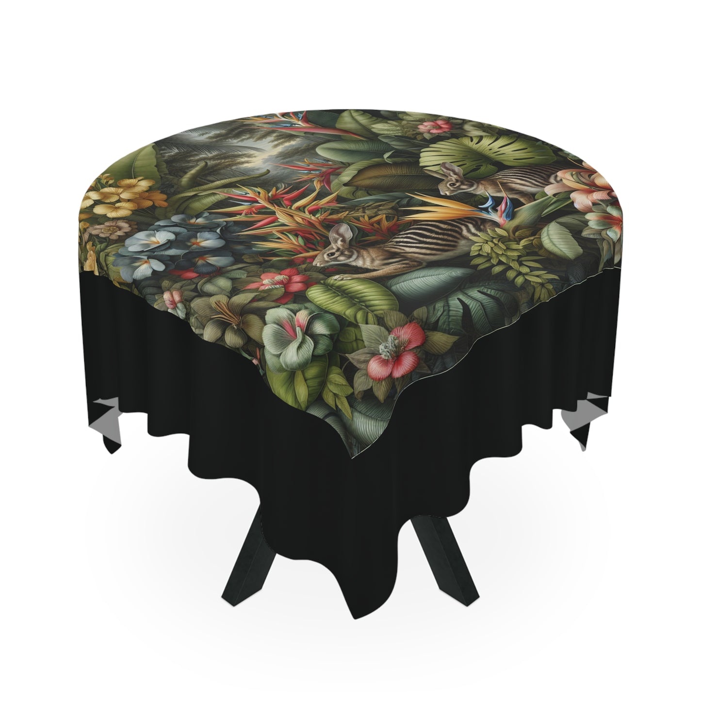 Rainforest Rabbit Outing/Black Tablecloth, 55" x 55"