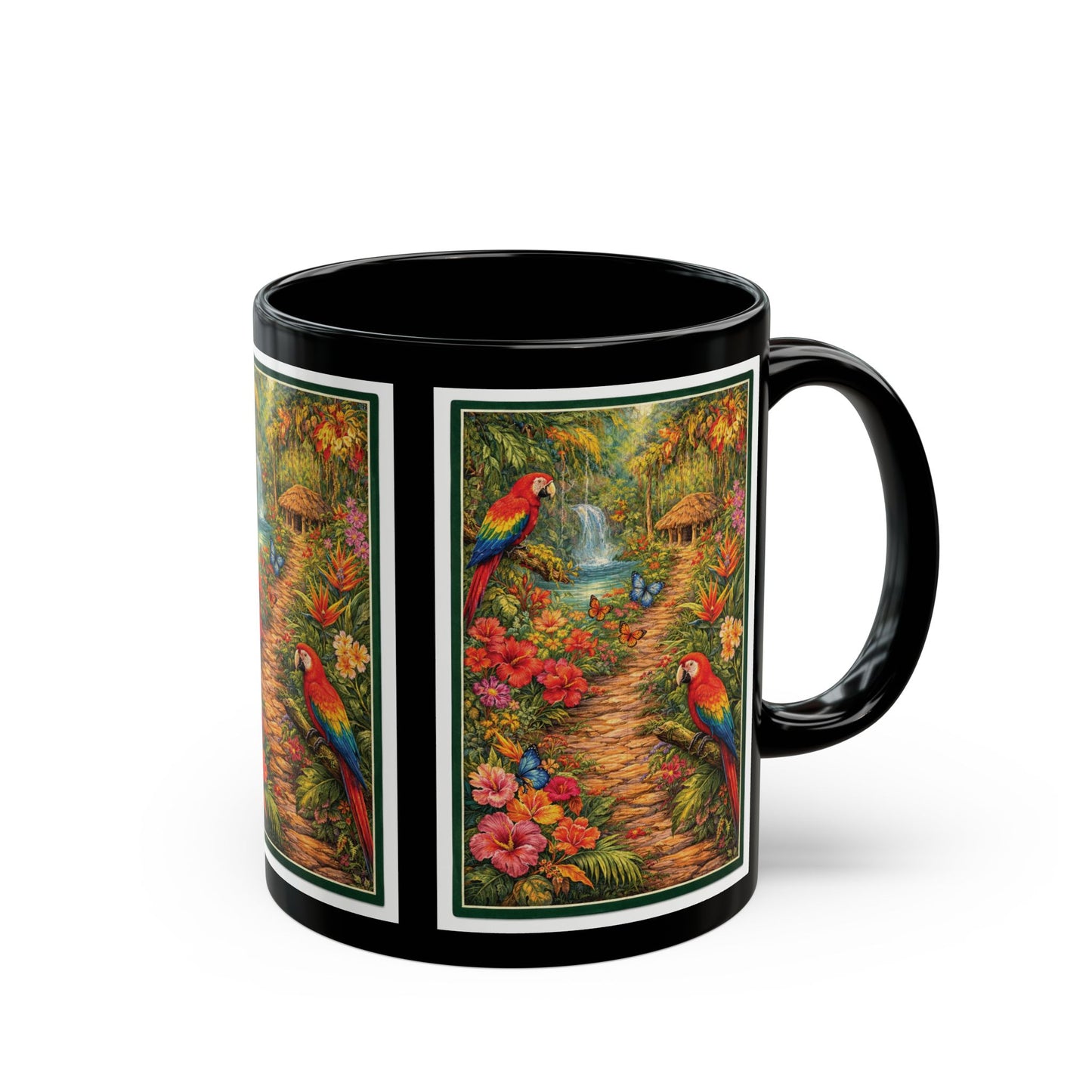 Tropical Parrot Black Mug — Colorful Jungle Scene Coffee Cup (11oz/15oz)