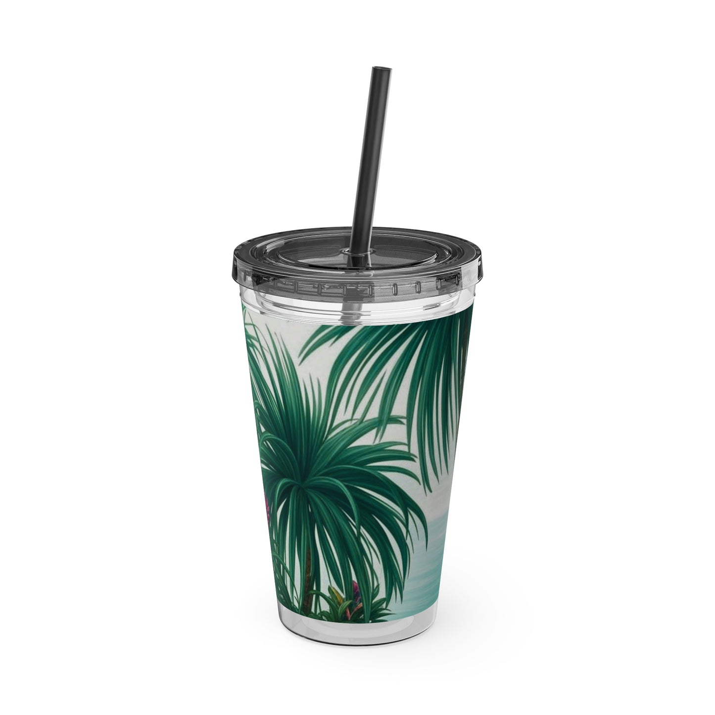 Tropical Tumbler with Straw | 16oz Colorful Travel Cup / Tiny Palm Island