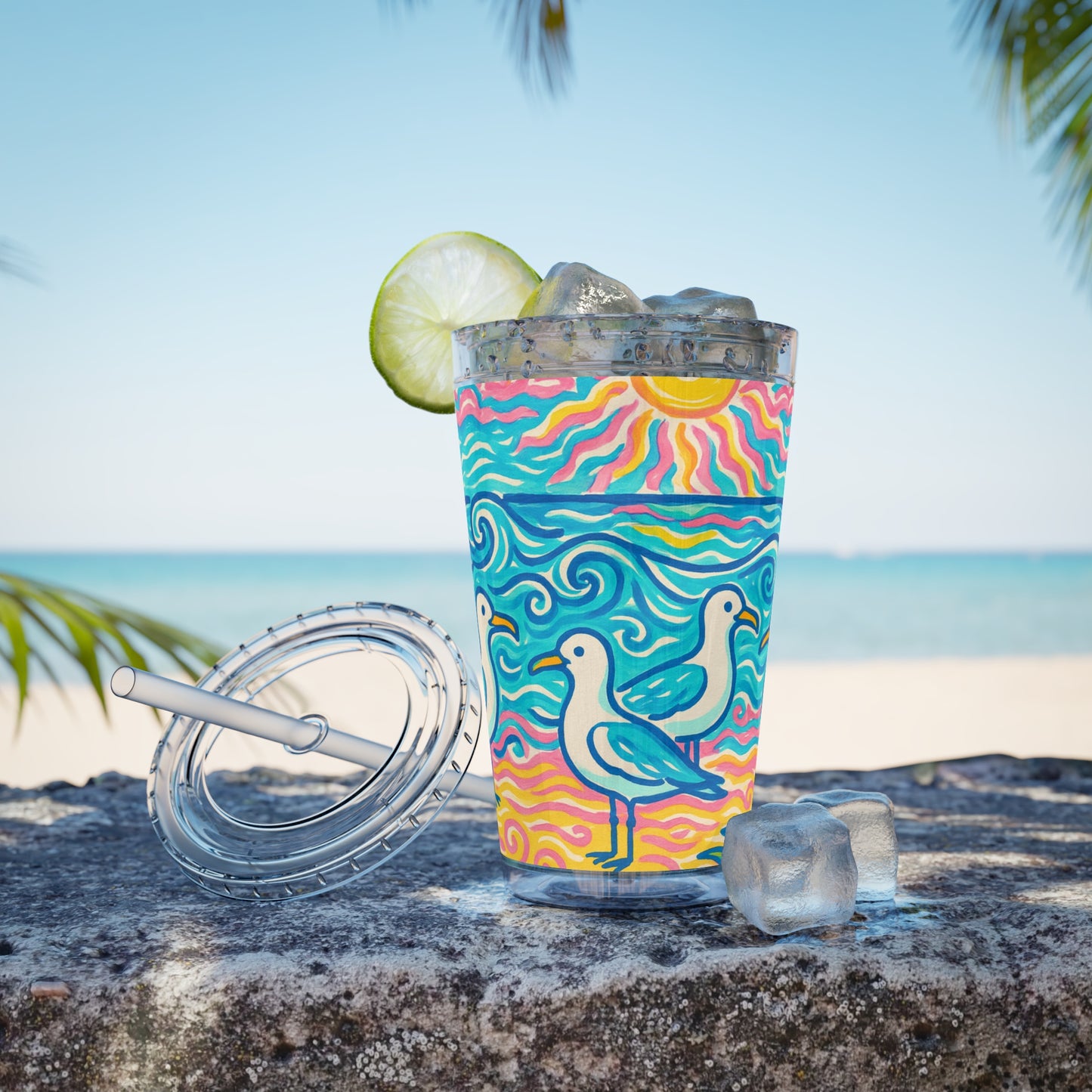 Tropical Tumbler with Straw | 16oz Colorful Travel Cup / Tropical Beach Seagulls