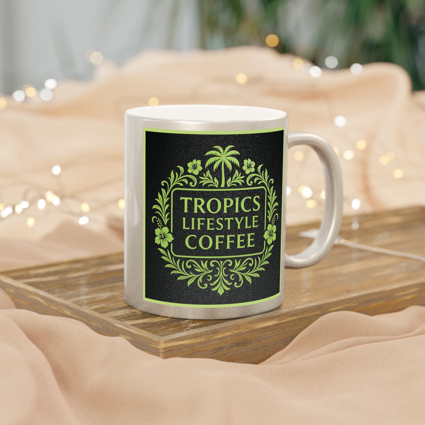 Tropical Metallic Mug, Gold or Silver - Tropics Lifestyle Coffee, Black/Green Logo