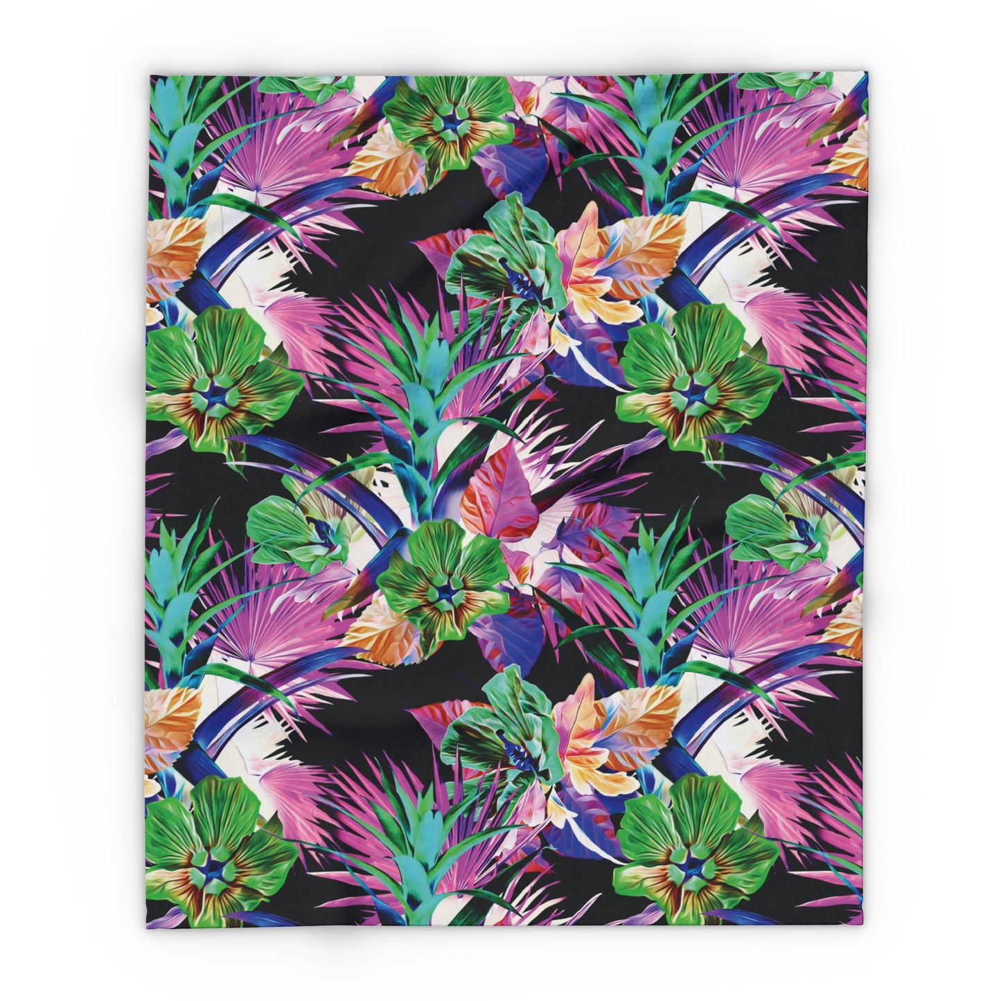 Black Plant Palooza Fleece Blanket - Colorful Tropical Botanical Design