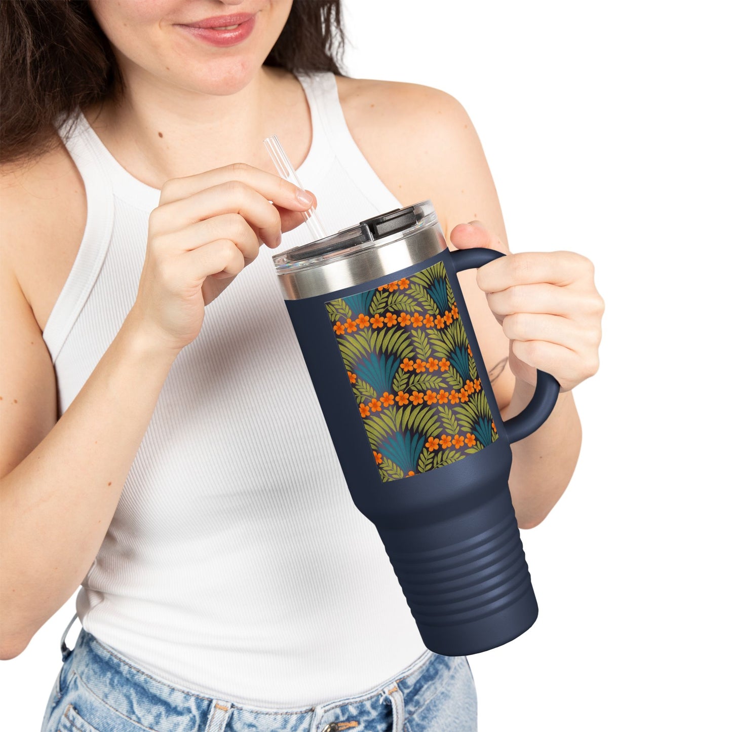 Insulated Travel Mug, 40oz / Hibiscus Fan Dance, Orange - Perfect for Outdoor Adventures