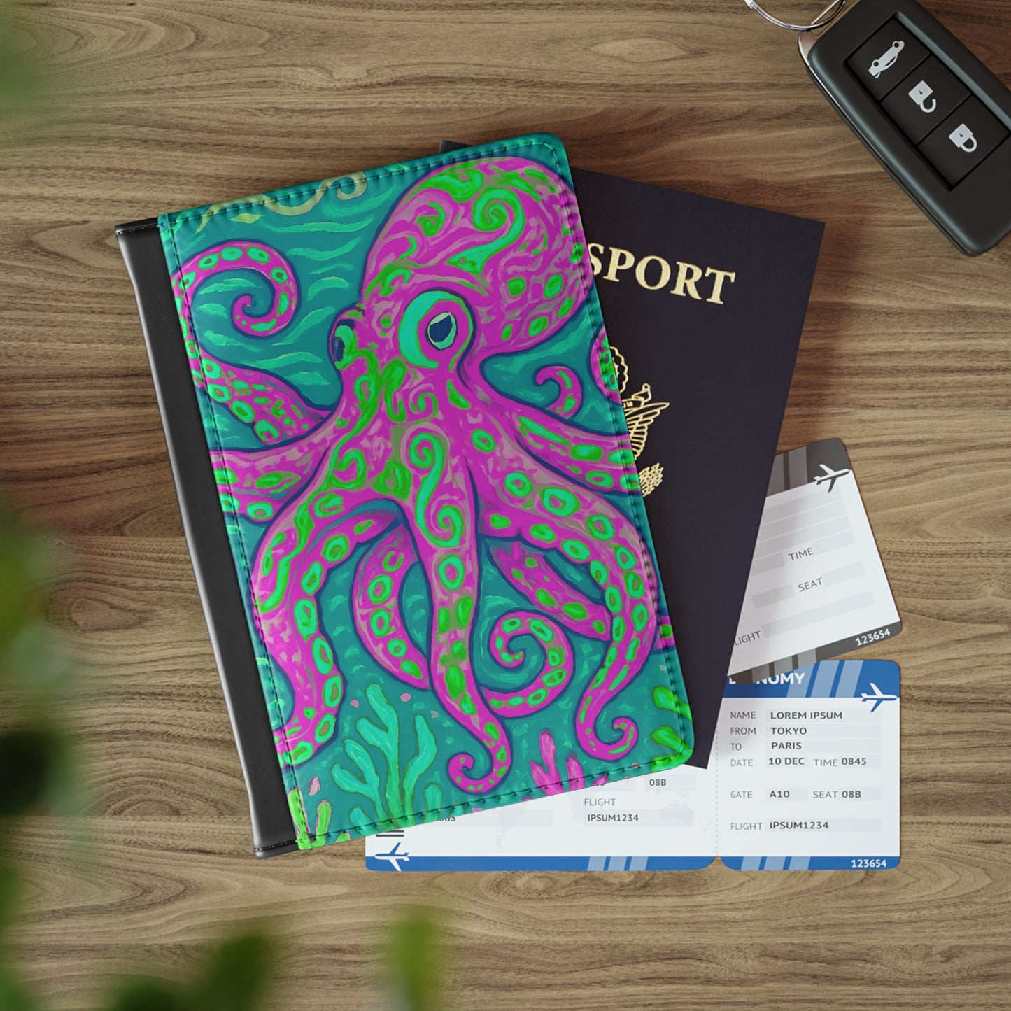 Tropical Passport Cover, Faux Leather - RFID blocking for travel security / Octopus Kraken Joe Purple
