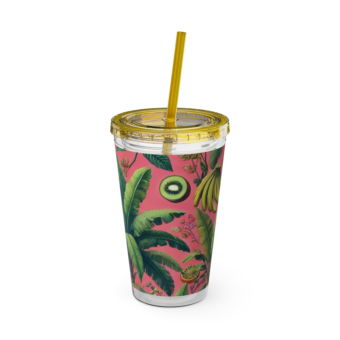 Tropical Tumbler with Straw | 16oz Colorful Travel Cup / More Tropical Fruit, Coral