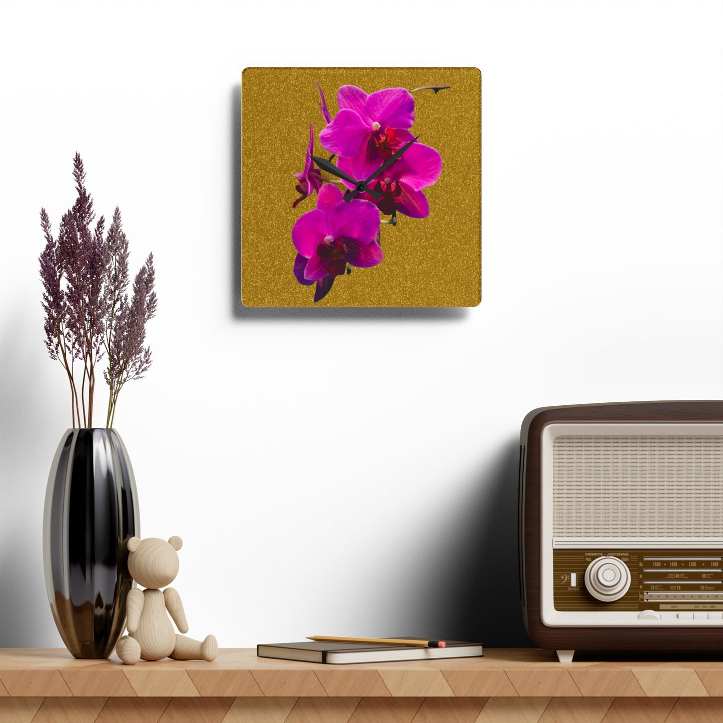 Acrylic Wall Clock - Purple Orchids/Gold, Various Sizes