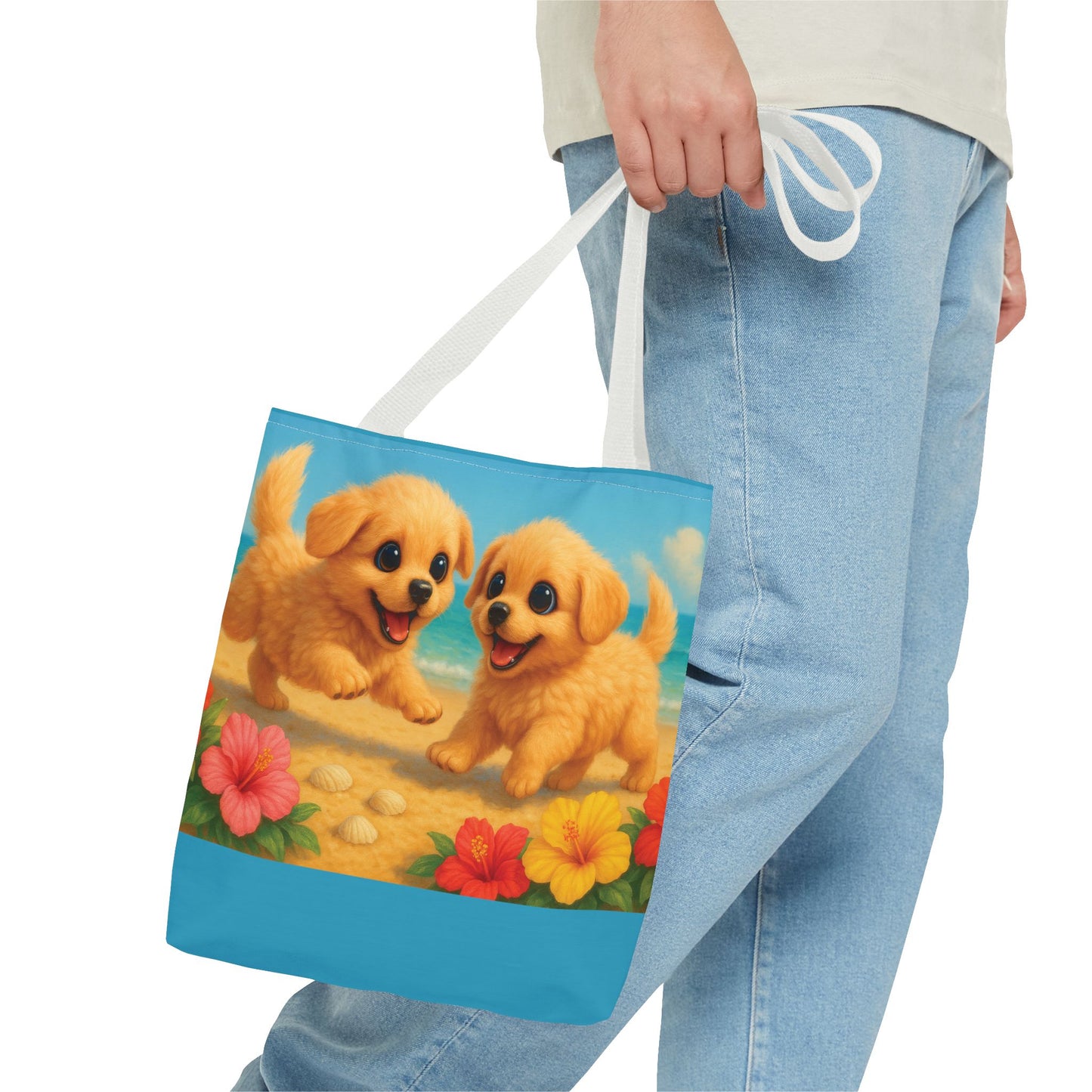Two Puppies on Beach Tote Bag - 3 Sizes