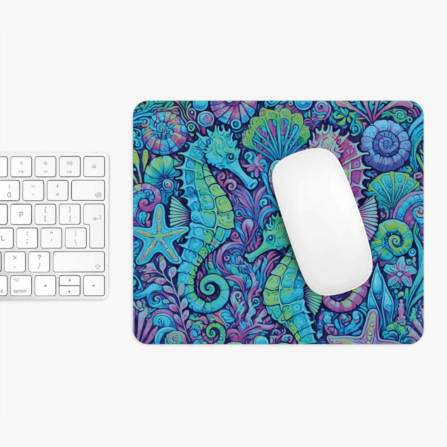 Tropical Mouse Pad, 2 Shapes - Beach Vibes for Home Office & Gamer / Seahorse Trio, Turquoise Pop