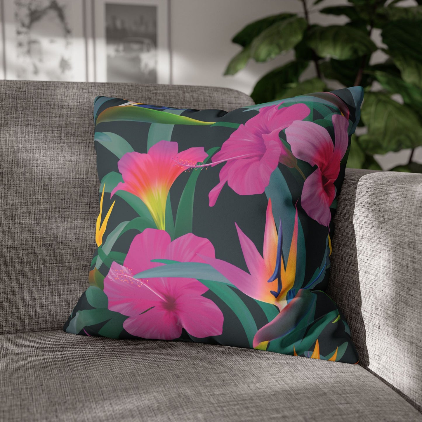 Faux Suede Square Pillowcase - Tropical Floral Beauties