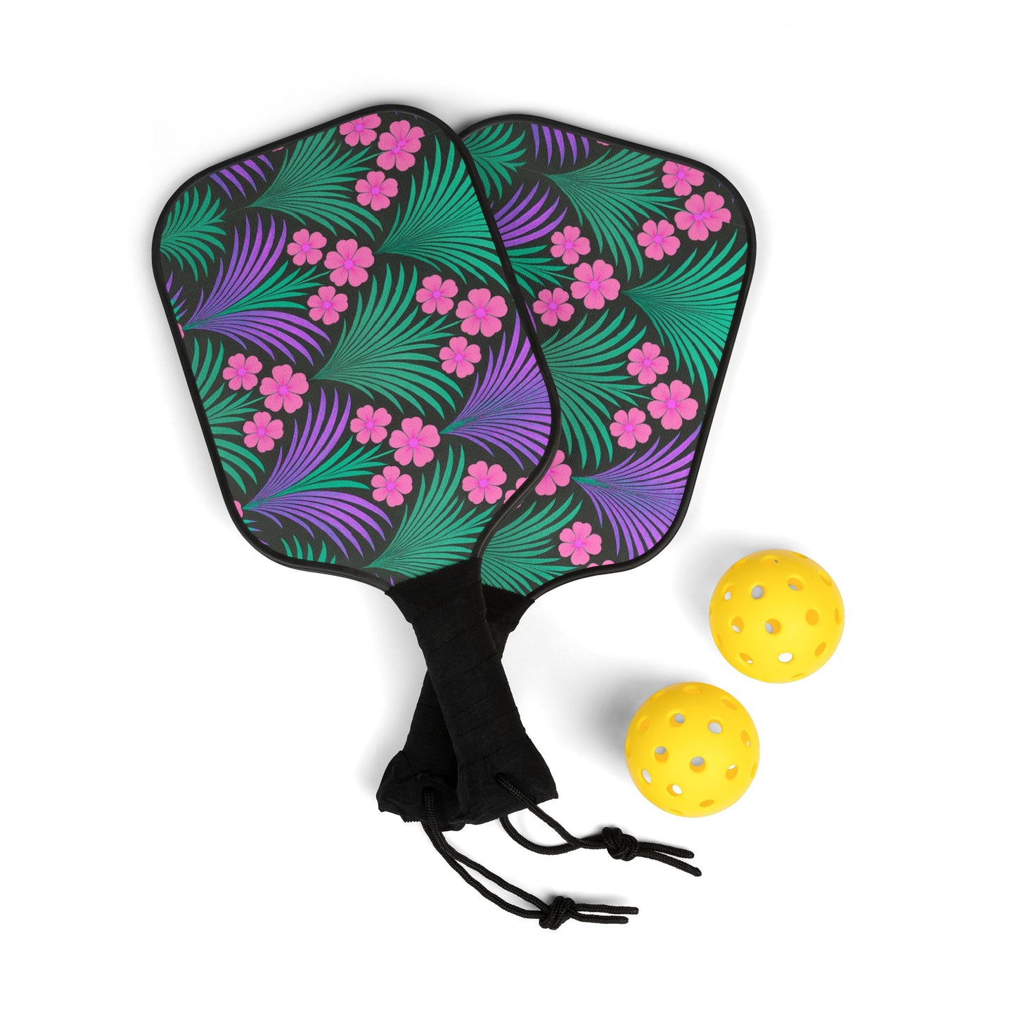Tropical Pickleball Kit - Beach Vibe Paddles & Balls Set / Midnight Hibiscus Deco