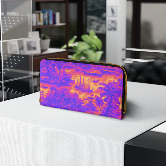 Tropical Zipper Wallet, Faux Leather / Vibrant Clutch / Tropical Toile, Heatwave