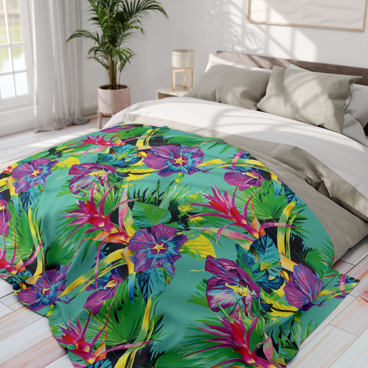 Turquoise Plant Palooza Fleece Blanket - Colorful Tropical Botanical Design