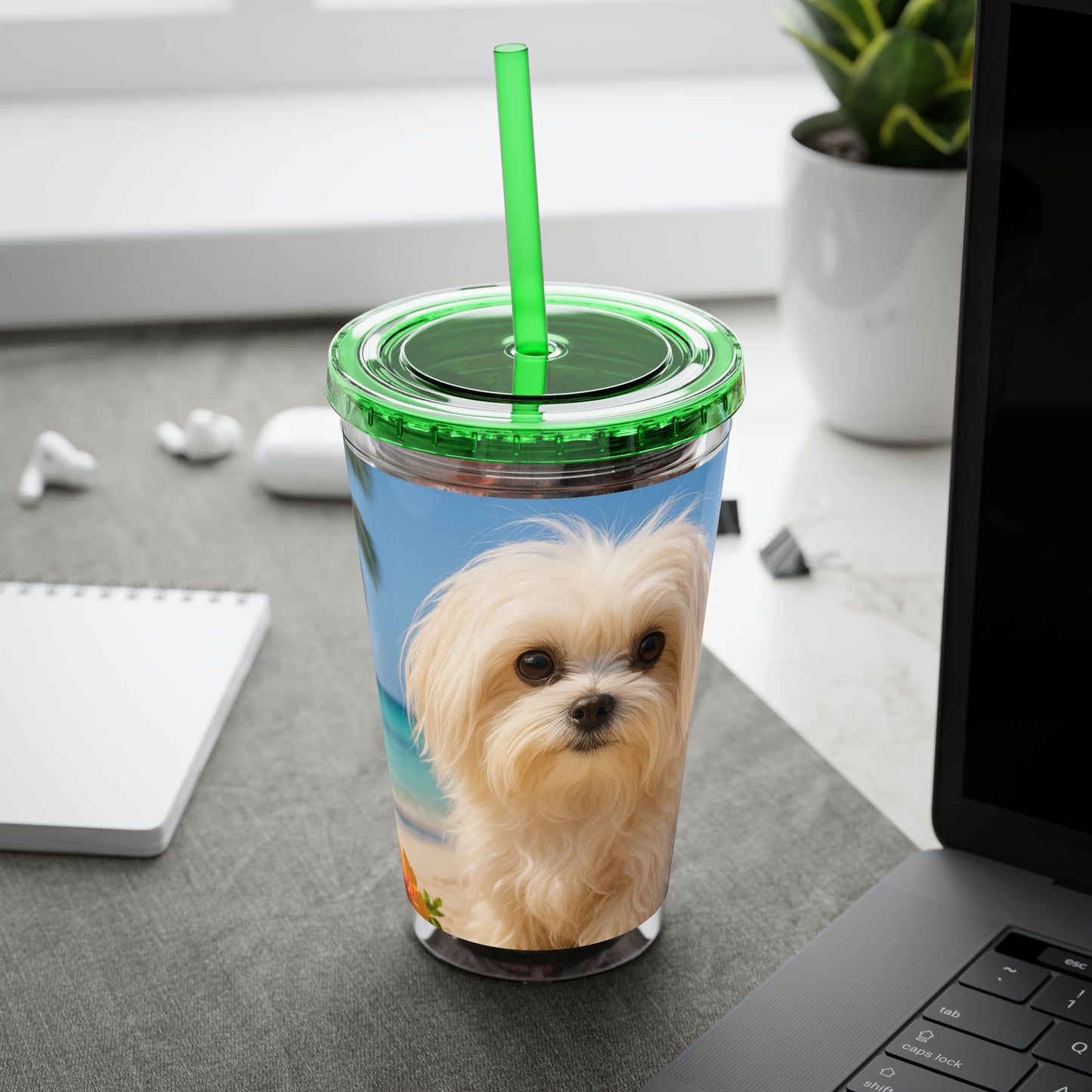 Tropical Tumbler with Straw | 16oz Colorful Travel Cup / Puppy Ariel at the Beach