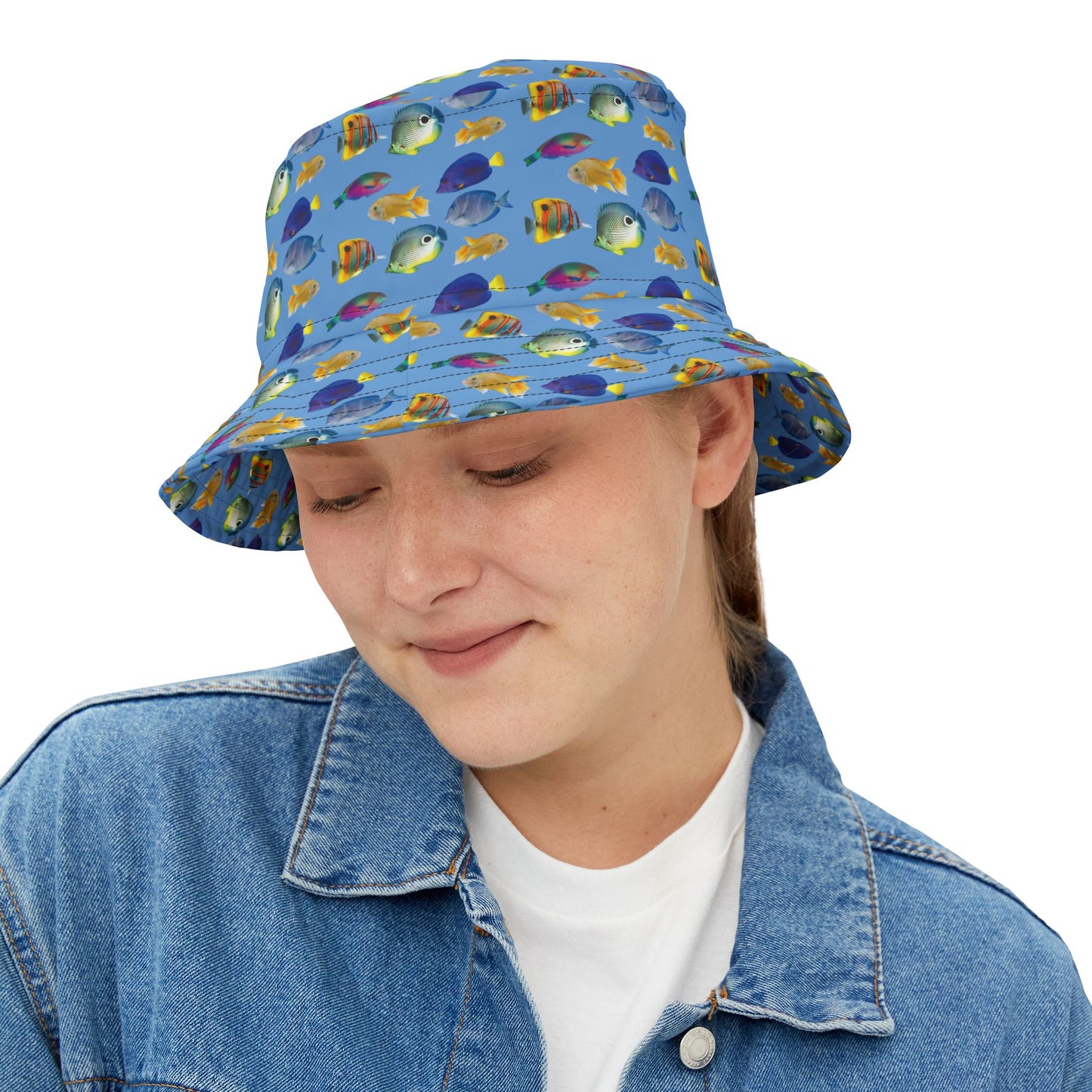 Tropical Polyester Bucket Hat, 2 Sizes - School of Fish / Light Blue