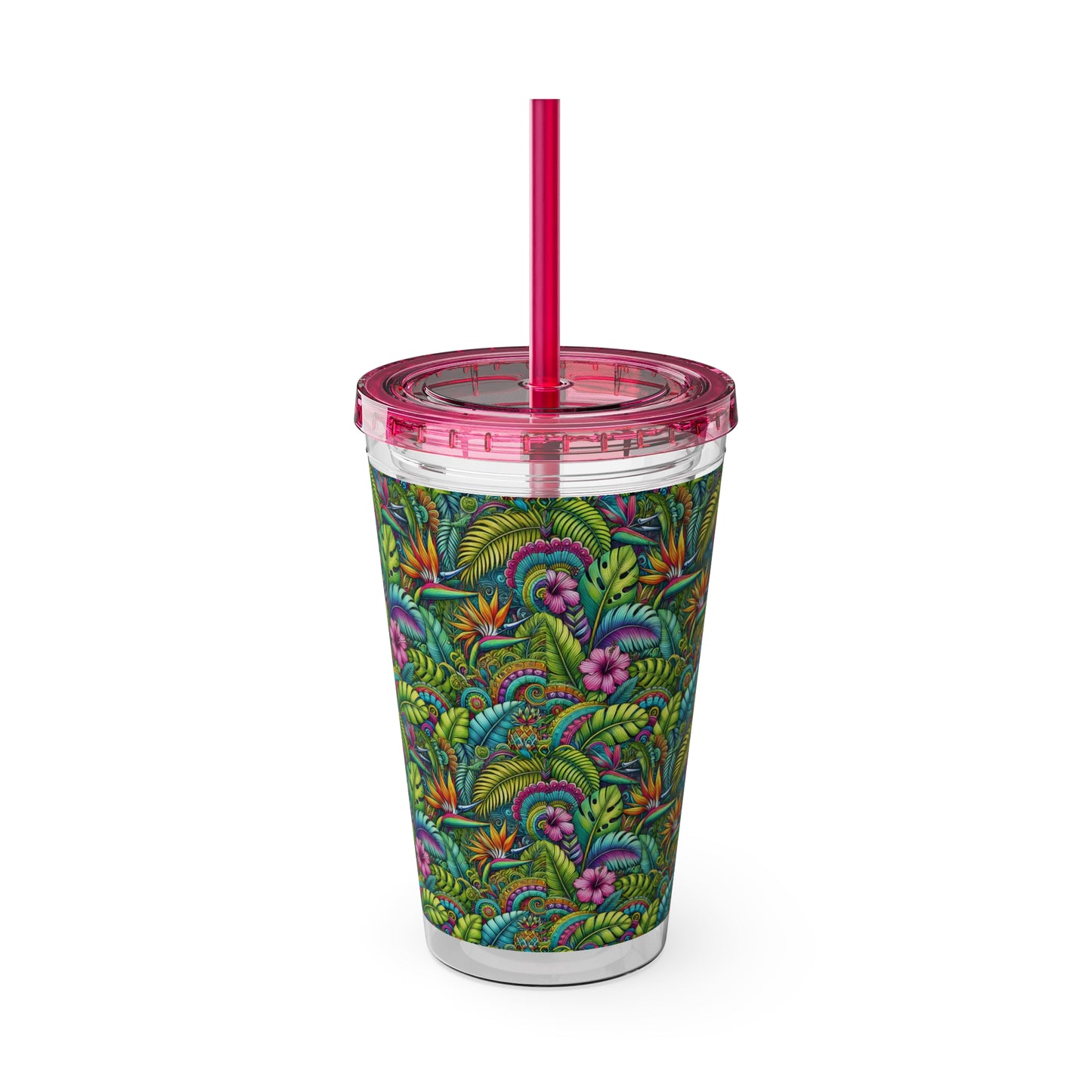 Tropical Tumbler with Straw | 16oz Colorful Travel Cup / Rainforest Blooms