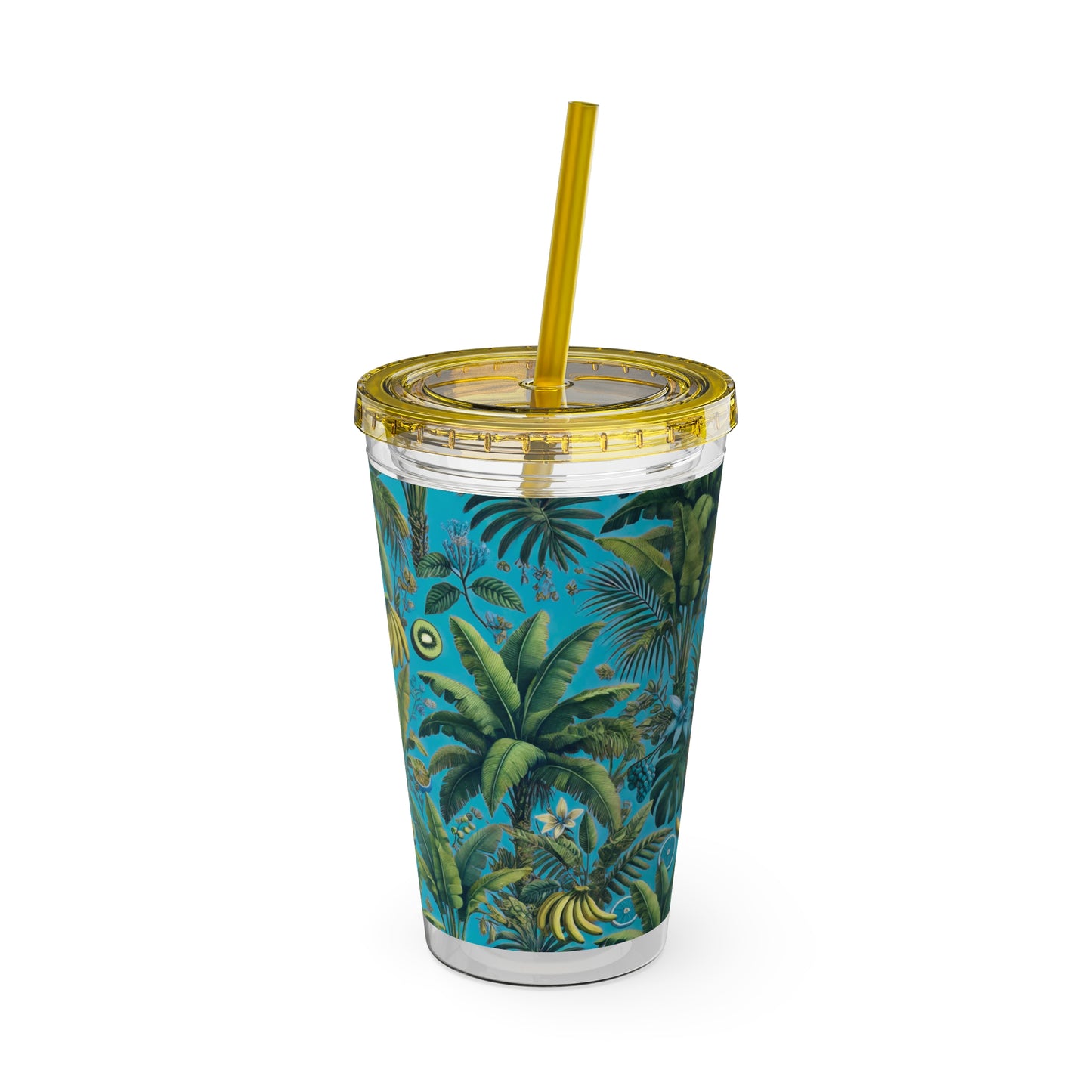 Tropical Tumbler with Straw | 16oz Colorful Travel Cup / More Tropical Fruit, Aqua Blue