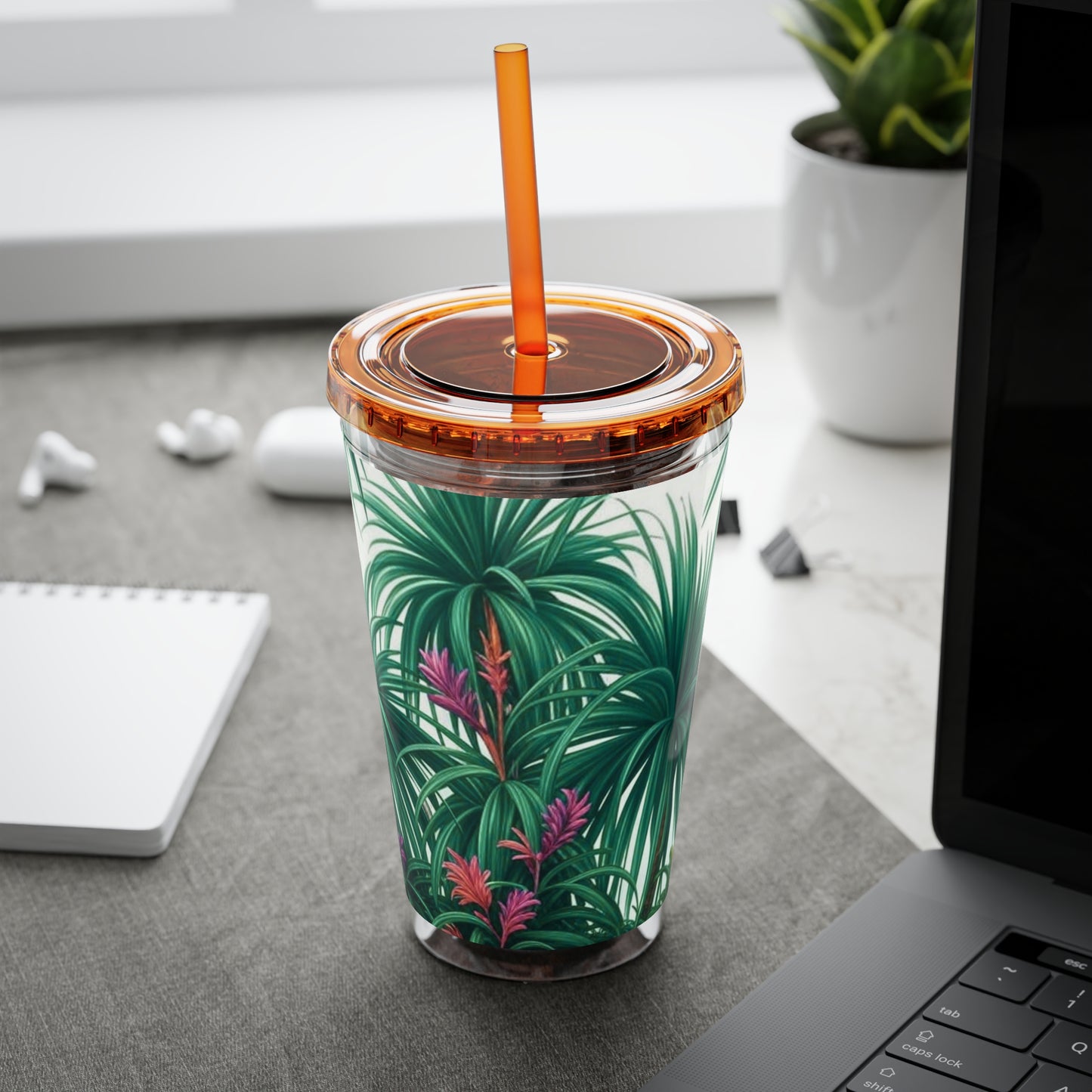 Tropical Tumbler with Straw | 16oz Colorful Travel Cup / Tiny Palm Island