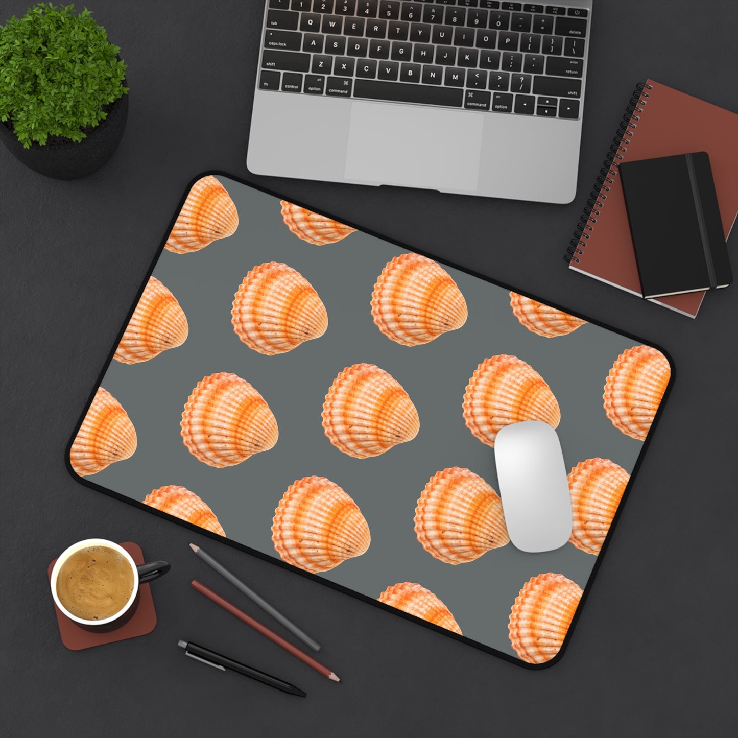 Tropical Mouse Pad/Desk Mat, 3 Sizes - Seashell Design, Perfect for Home Office / Orange Scallop, Dark Grey