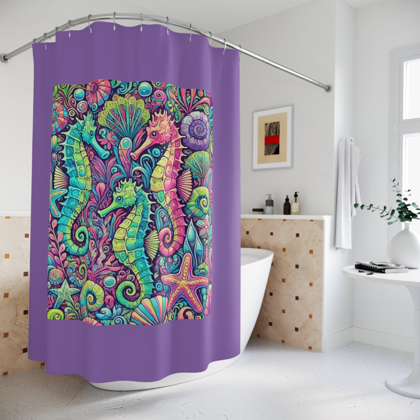 Tropical Shower Curtain - Rainforest Bathroom Decor / Seahorse Trio/Lt. Purple