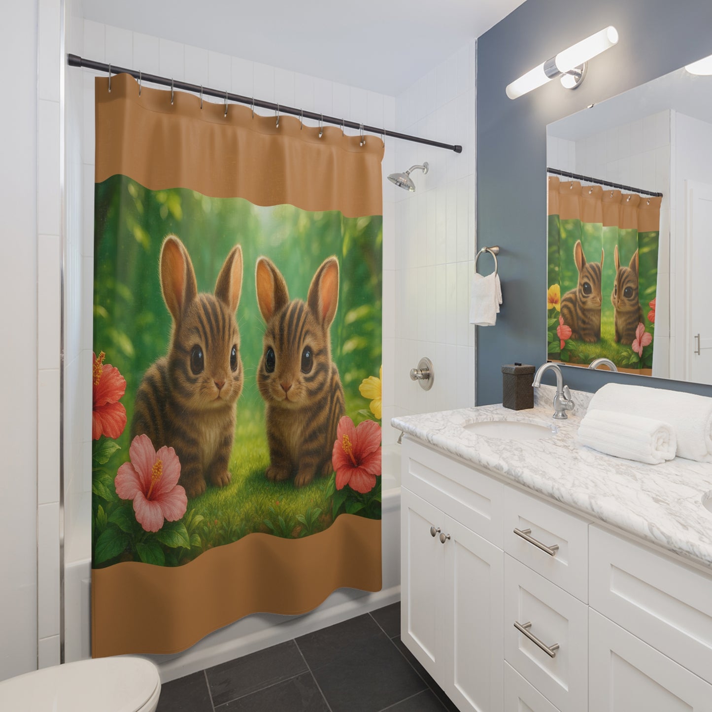 Tropical Shower Curtain - Rainforest Bathroom Decor / Baby Sumatran Rabbits/Lt. Brown
