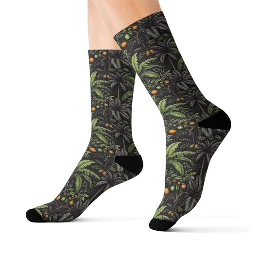Tropical Fruit/Black Sublimation Fleece-Lined Socks - Colorful Palm Tree Design