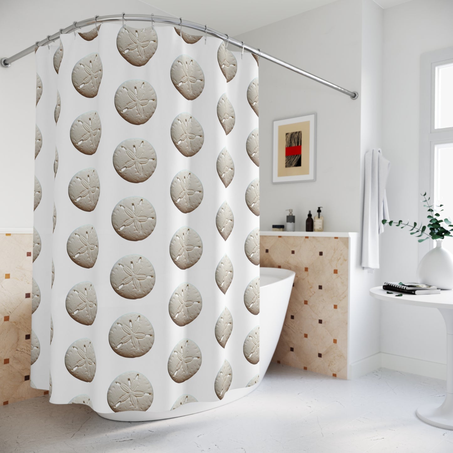 Tropical Shower Curtain - Ocean Bathroom Decor / Real Sand Dollar/White