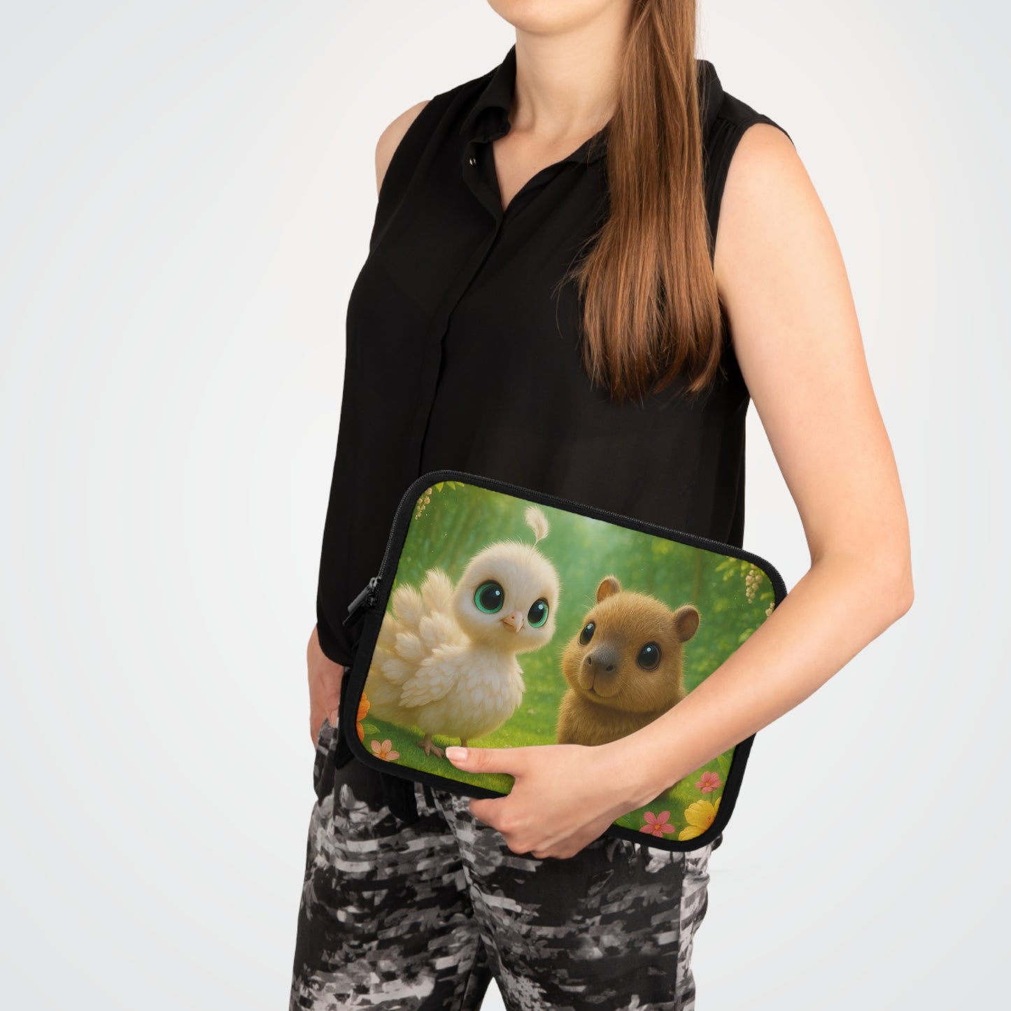 Tropical Laptop Sleeve, 5 Sizes - Perfect for Beach Lovers & Students / Baby White Peacock and Baby Capybara