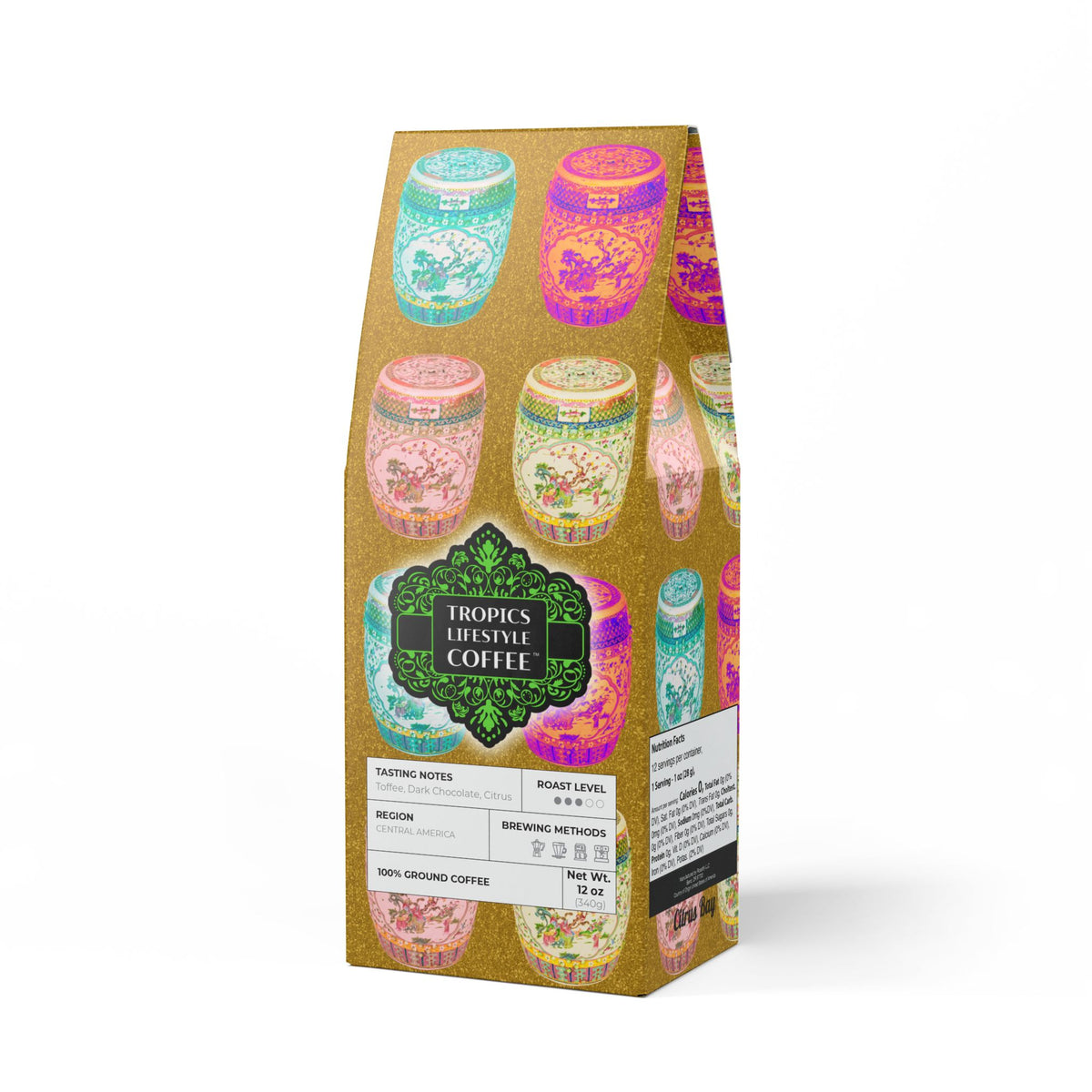 Citrus Bay Blend™ (Medium Roast) Specialty Grade Craft Coffee / Tropical Garden Stools, Gold