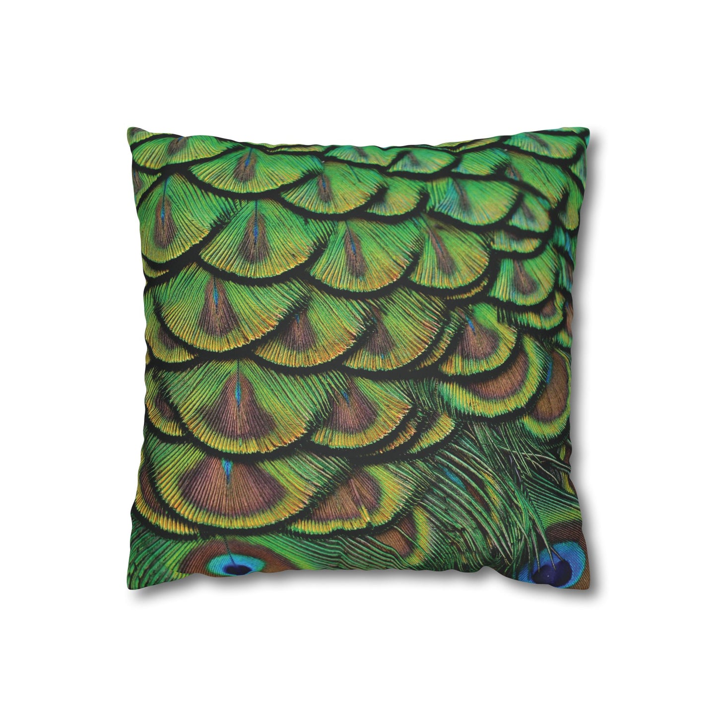 Faux Suede Square Pillowcase - Majestic Green Peacock Feathers