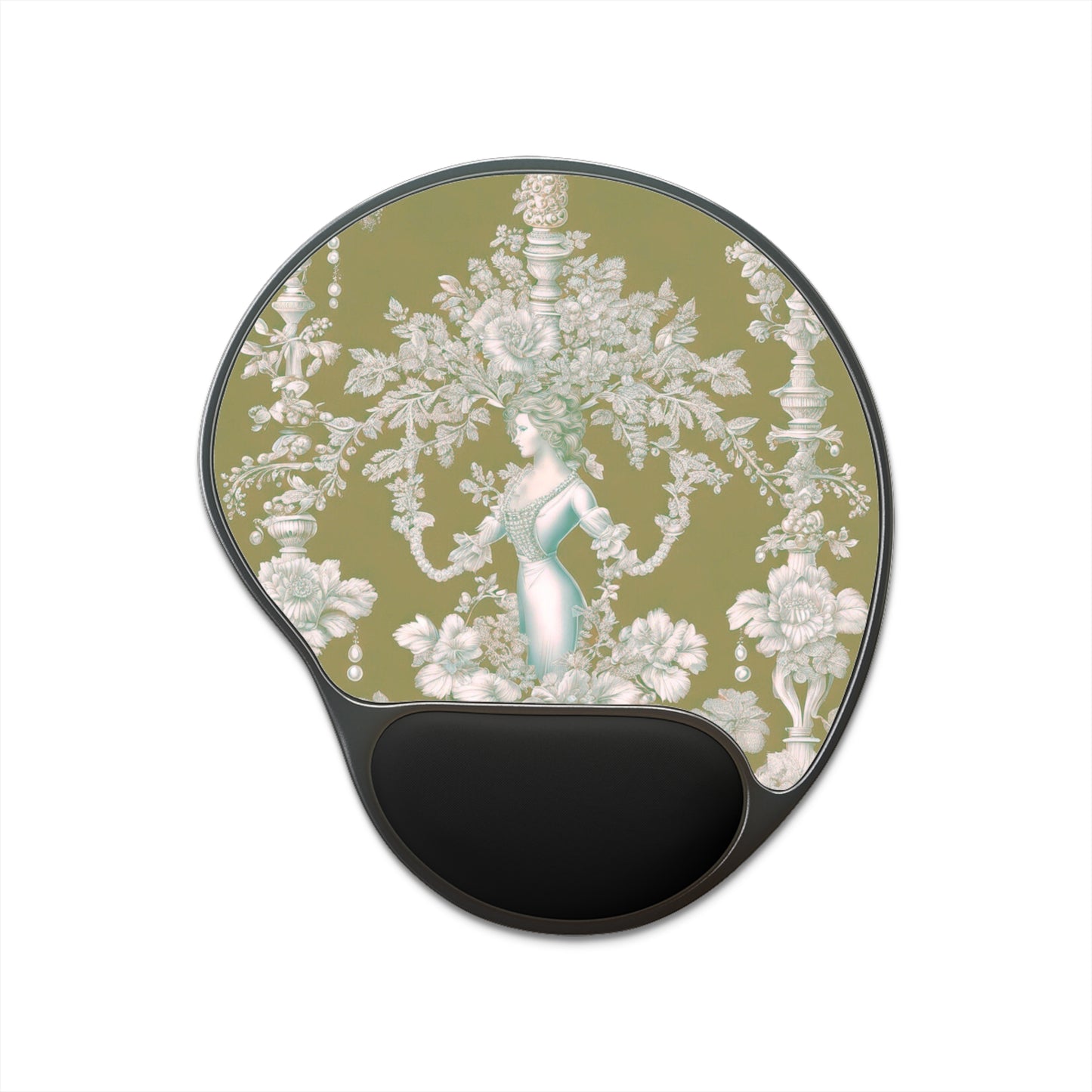 Mouse Pad With Wrist Rest, Pearl Lady Toile, Highborn Green