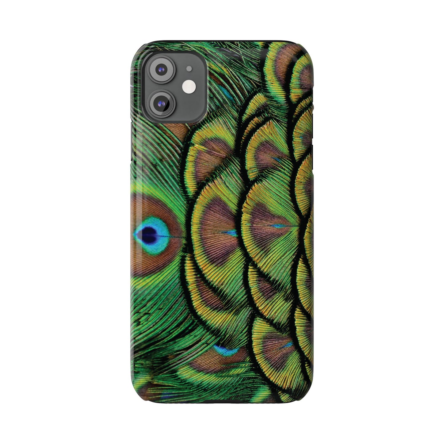 Slim Phone Cases - Brilliant Green Peacock Feathers