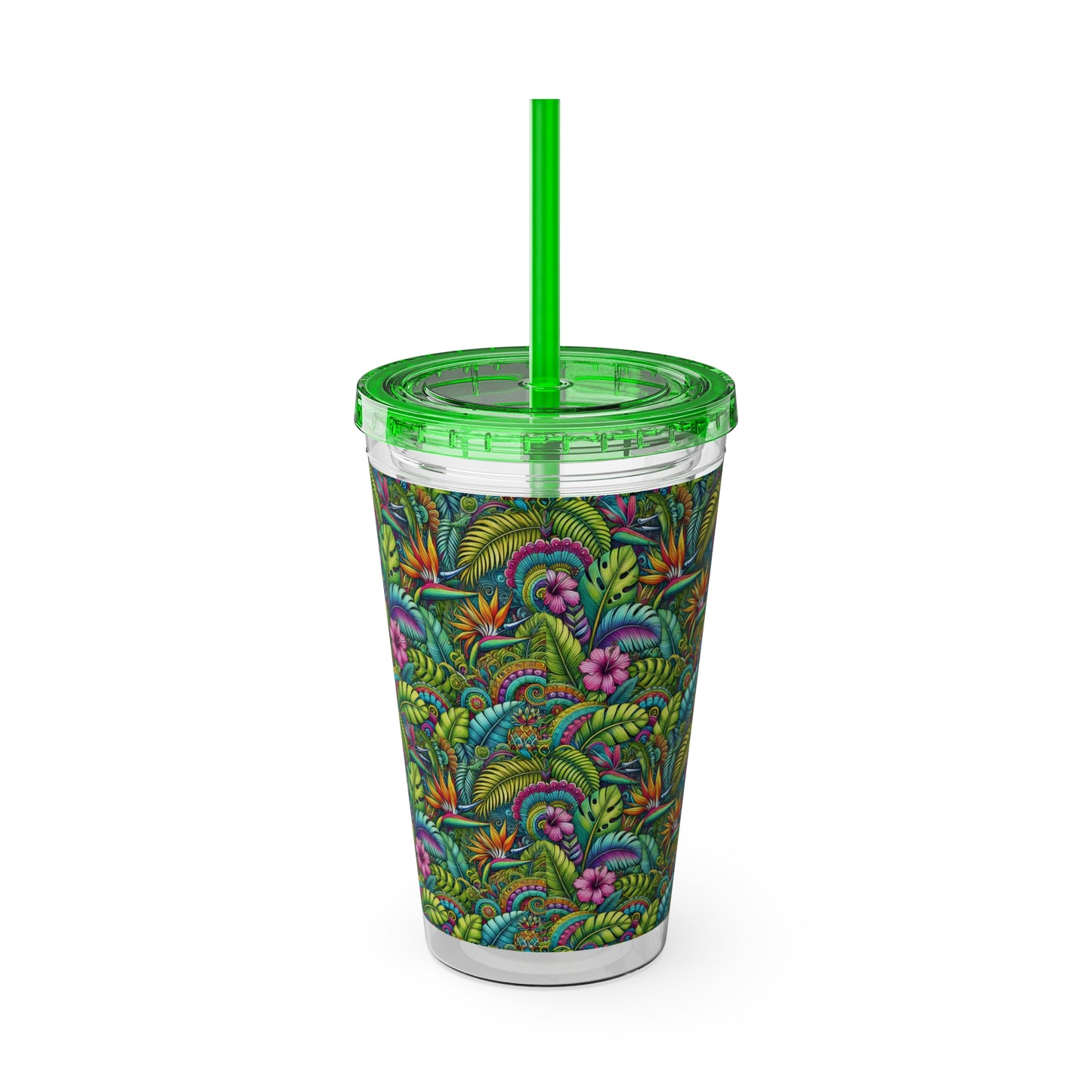 Tropical Tumbler with Straw | 16oz Colorful Travel Cup / Rainforest Blooms