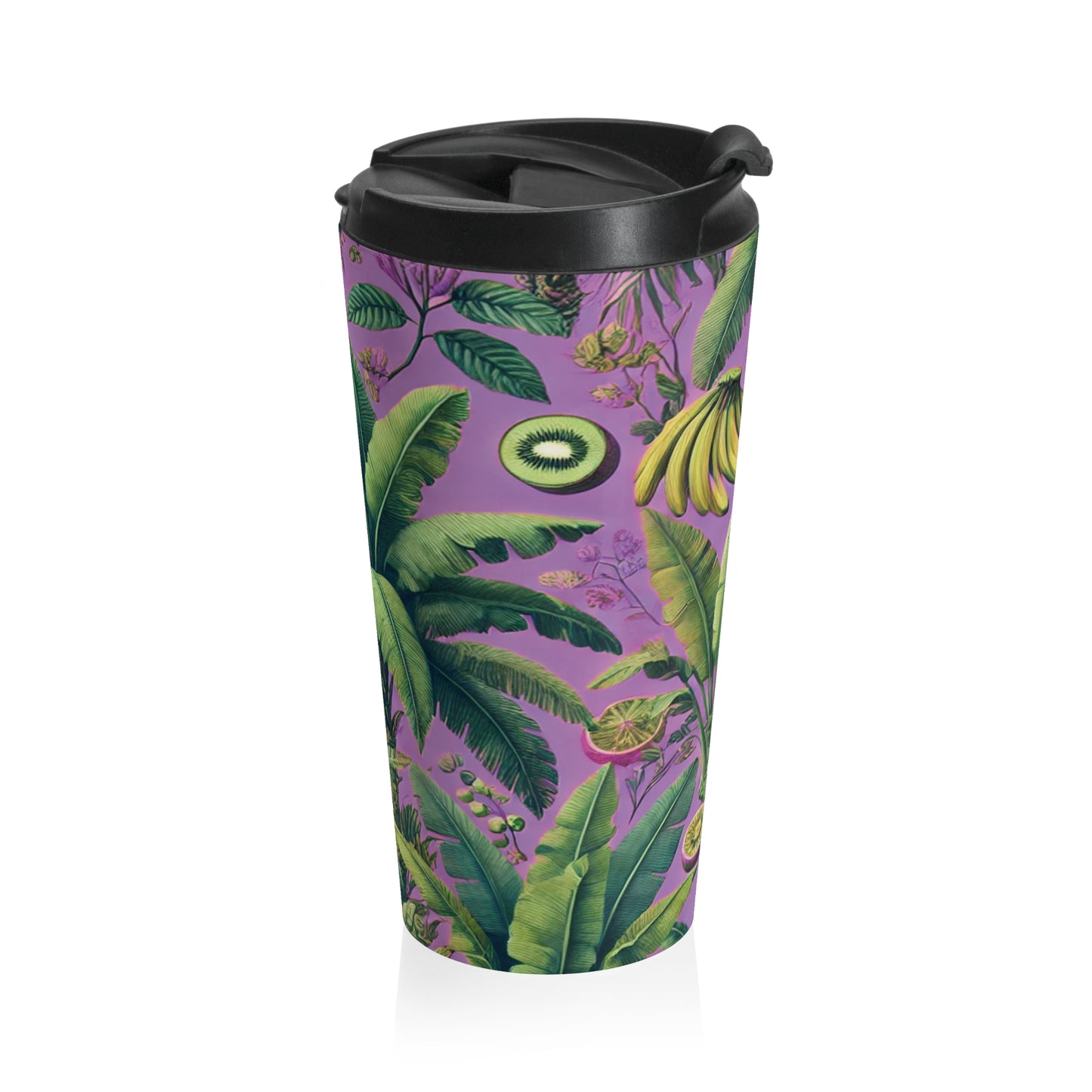 15 oz. Stainless Steel Travel Mug / Palms & Tropical Fruit, Hot Lilac