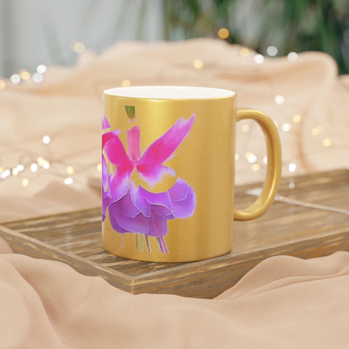 Colorful Flower Metallic Mug, Gold or Silver - Two Fuchsias