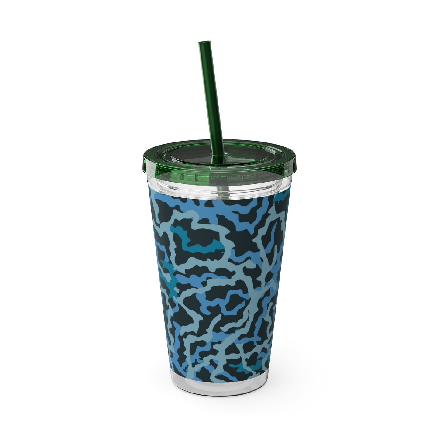 Tropical Tumbler with Straw | 16oz Colorful Travel Cup / Coral Threads, Blue