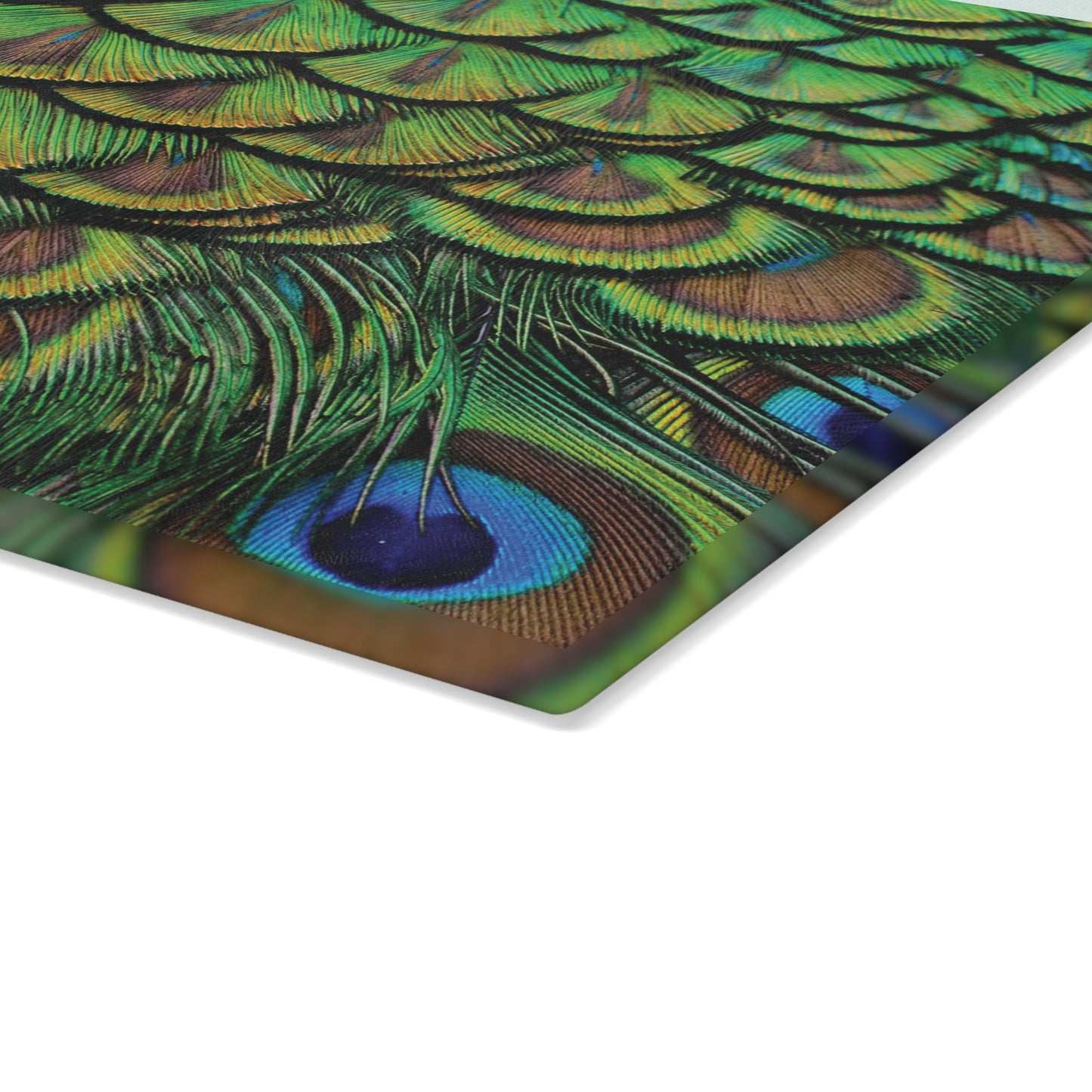 Glass Cutting Board, 2 sizes - Brilliant Green Peacock Feathers