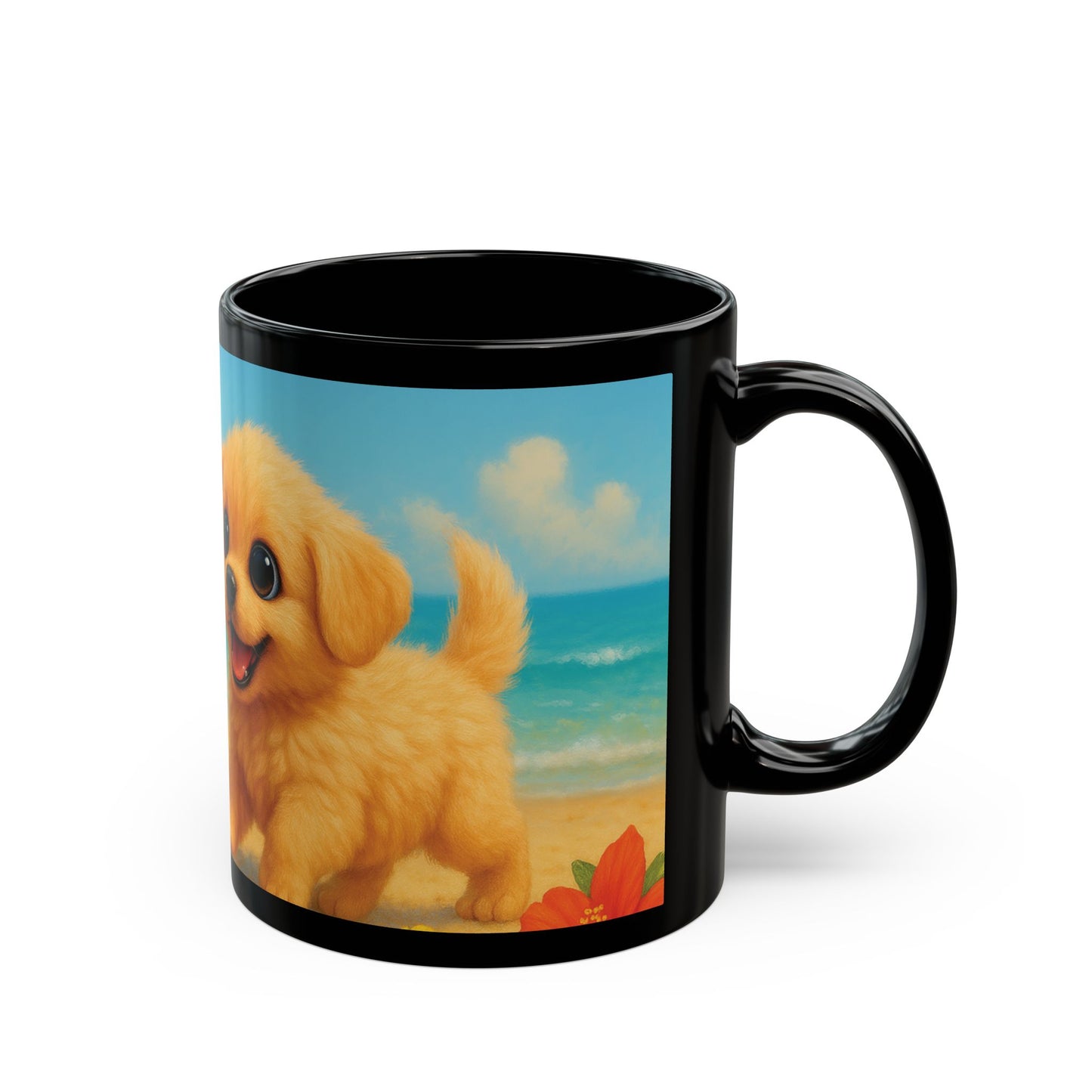 Black Coffee Mug - Two Puppies on Beach