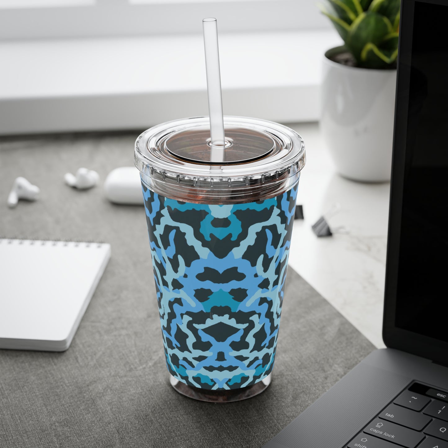 Tropical Tumbler with Straw | 16oz Colorful Travel Cup / Coral Threads, Blue