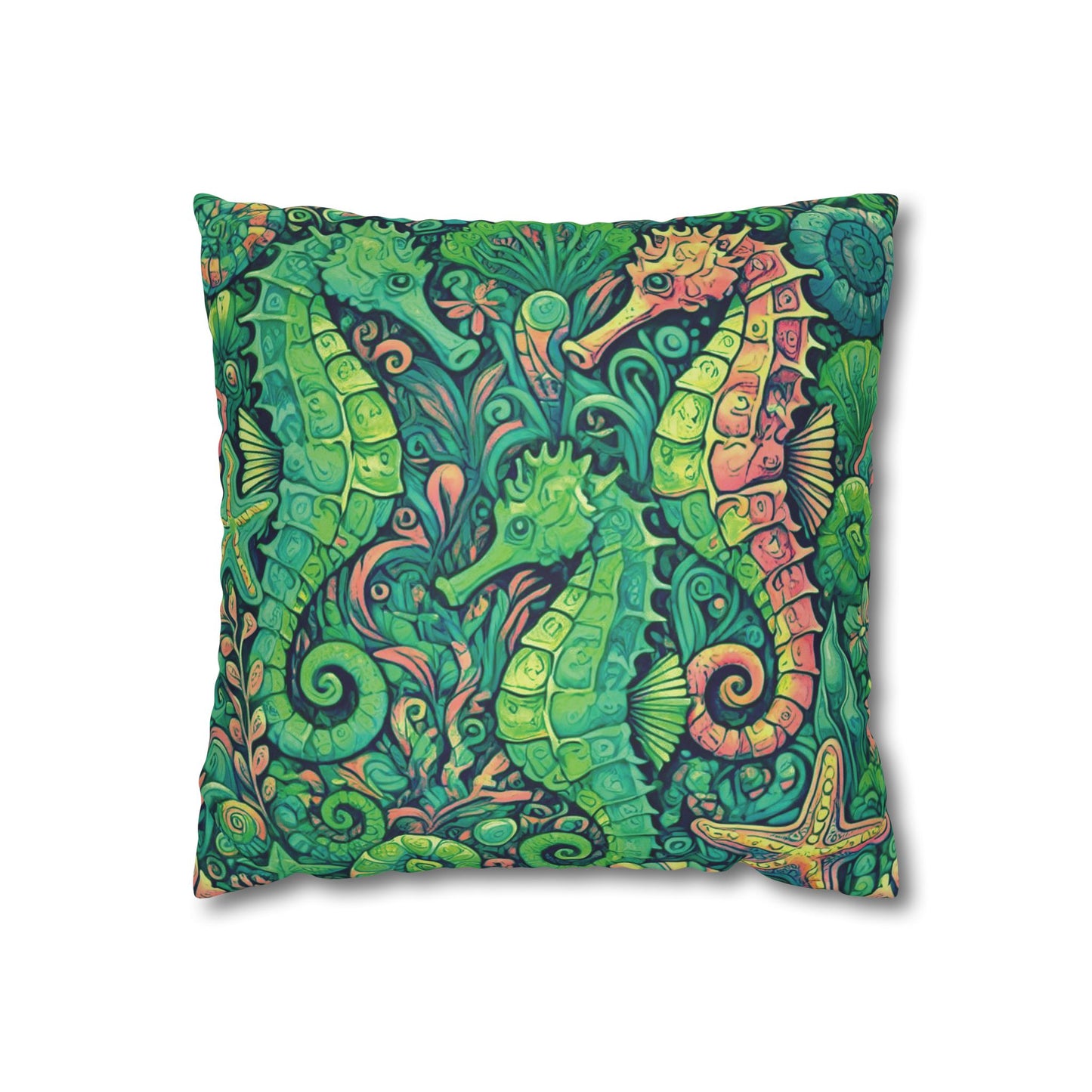 Faux Suede Square Pillowcase - Seahorse Trio/Hot Lime
