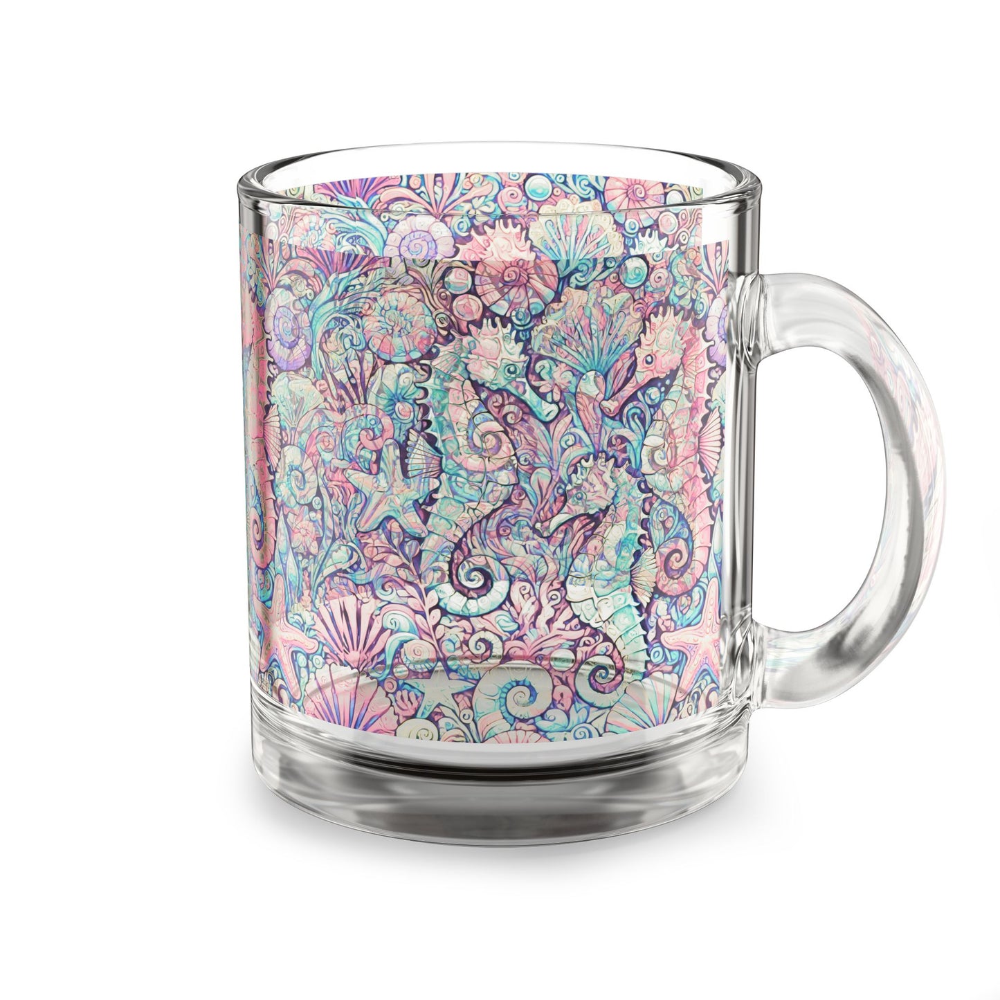Tropical Glass Mug - 10oz Coffee Cup / Seahorses, Retro