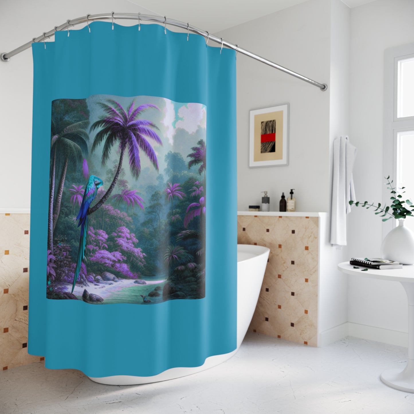 Tropical Shower Curtain - Rainforest Bathroom Decor / Sleeping Beauty Parrot Fantasy, Turquoise