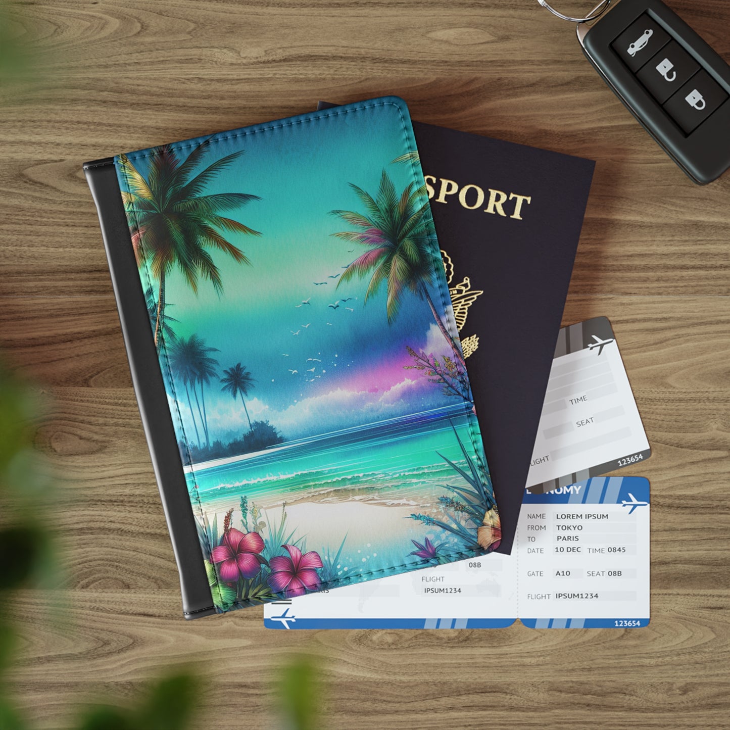 Tropical Passport Cover, Faux Leather - RFID blocking for travel security / Morning Beach