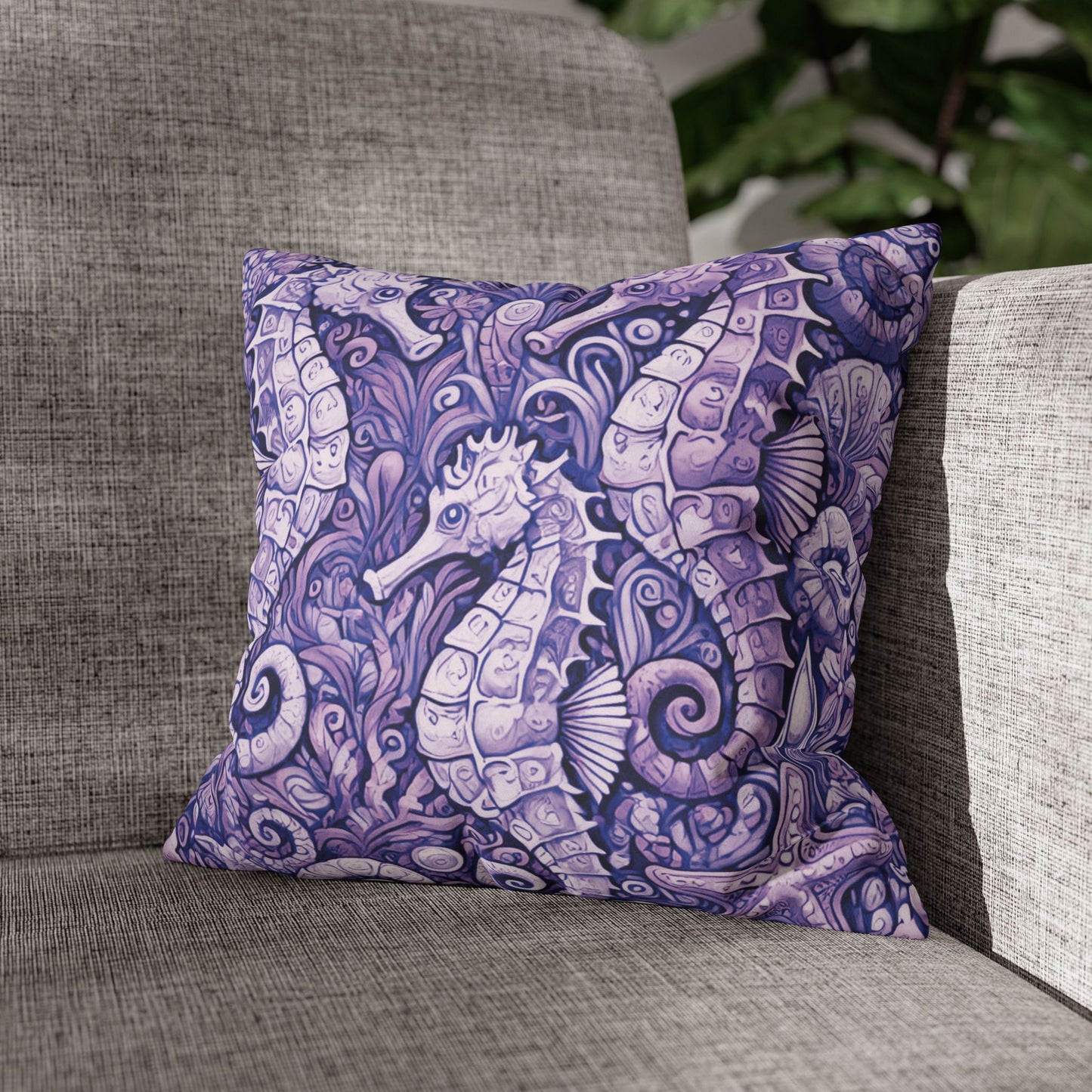 Faux Suede Square Pillowcase - Seahorse Trio, Amethyst