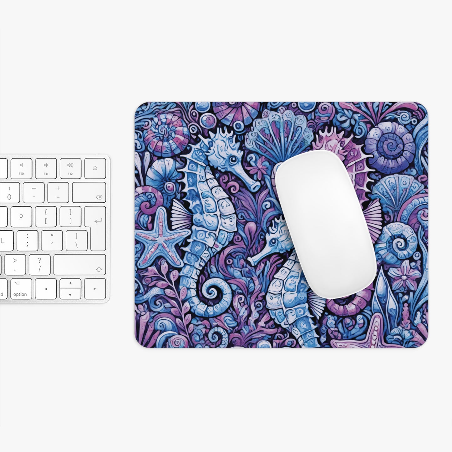 Tropical Mouse Pad, 2 Shapes - Beach Vibes for Home Office & Gamer / Seahorse Trio, Blue